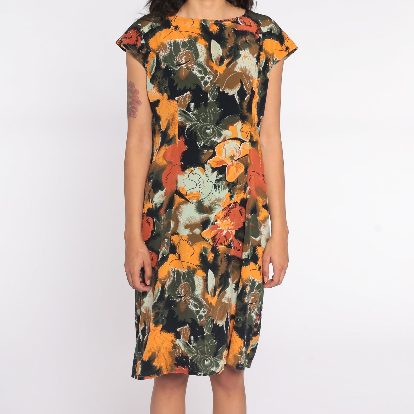 90s Floral Midi Dress Rayon Short Sleeve Sheath Green Yellow Medium Large