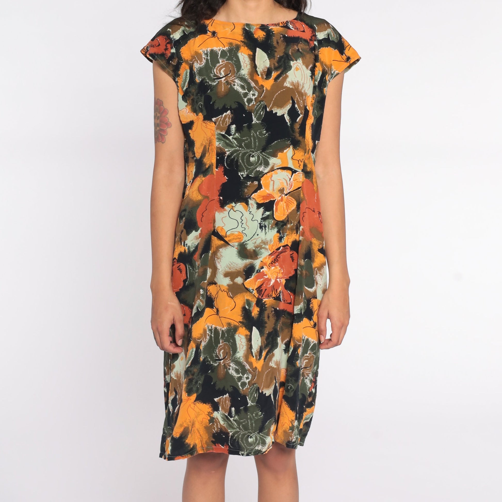 90s Floral Midi Dress Rayon Short Sleeve Sheath Green Yellow Medium Large