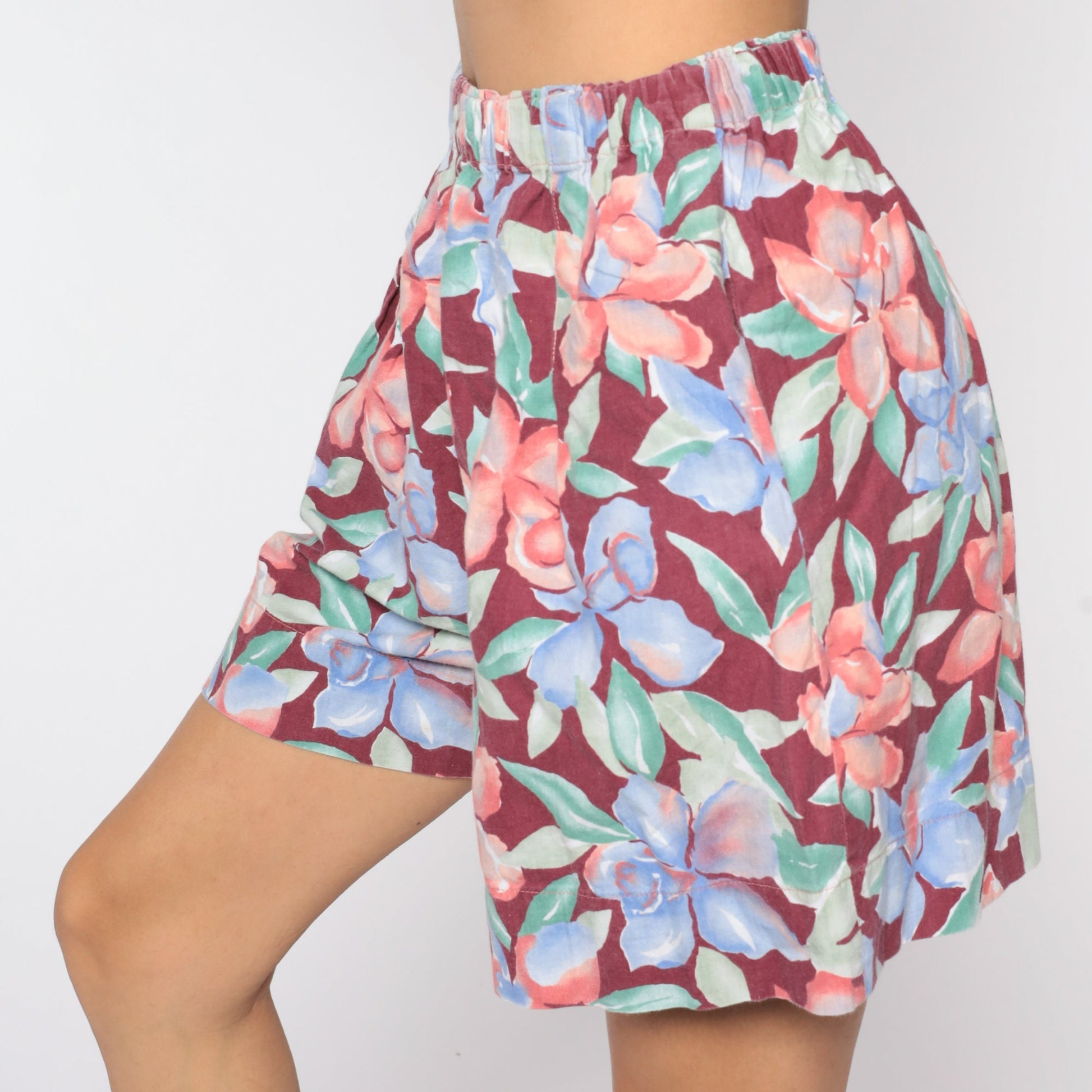 90s Floral High-Waist Baggy Shorts Burgundy Wide Leg Small Medium