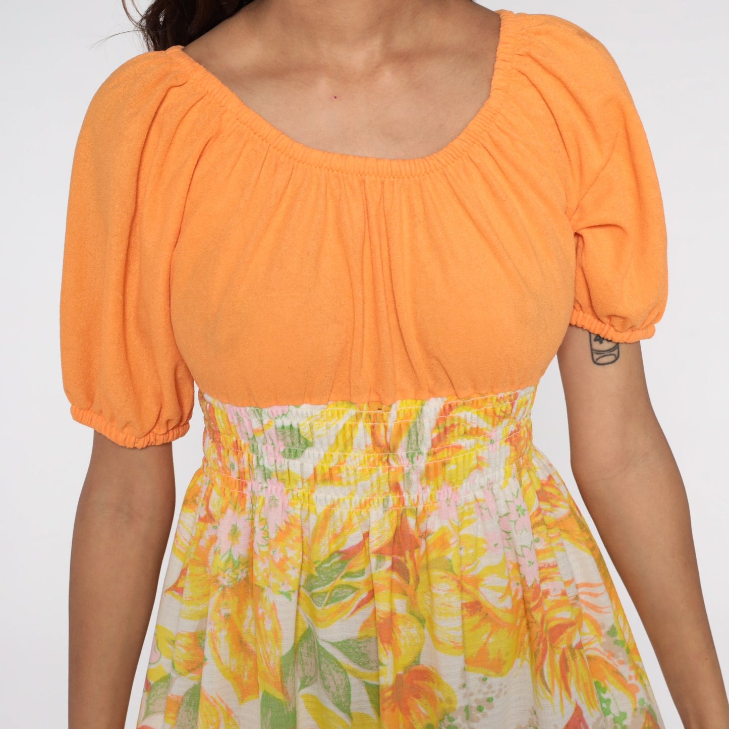70s Floral Maxi Dress Orange Smocked Empire Waist Peasant Medium