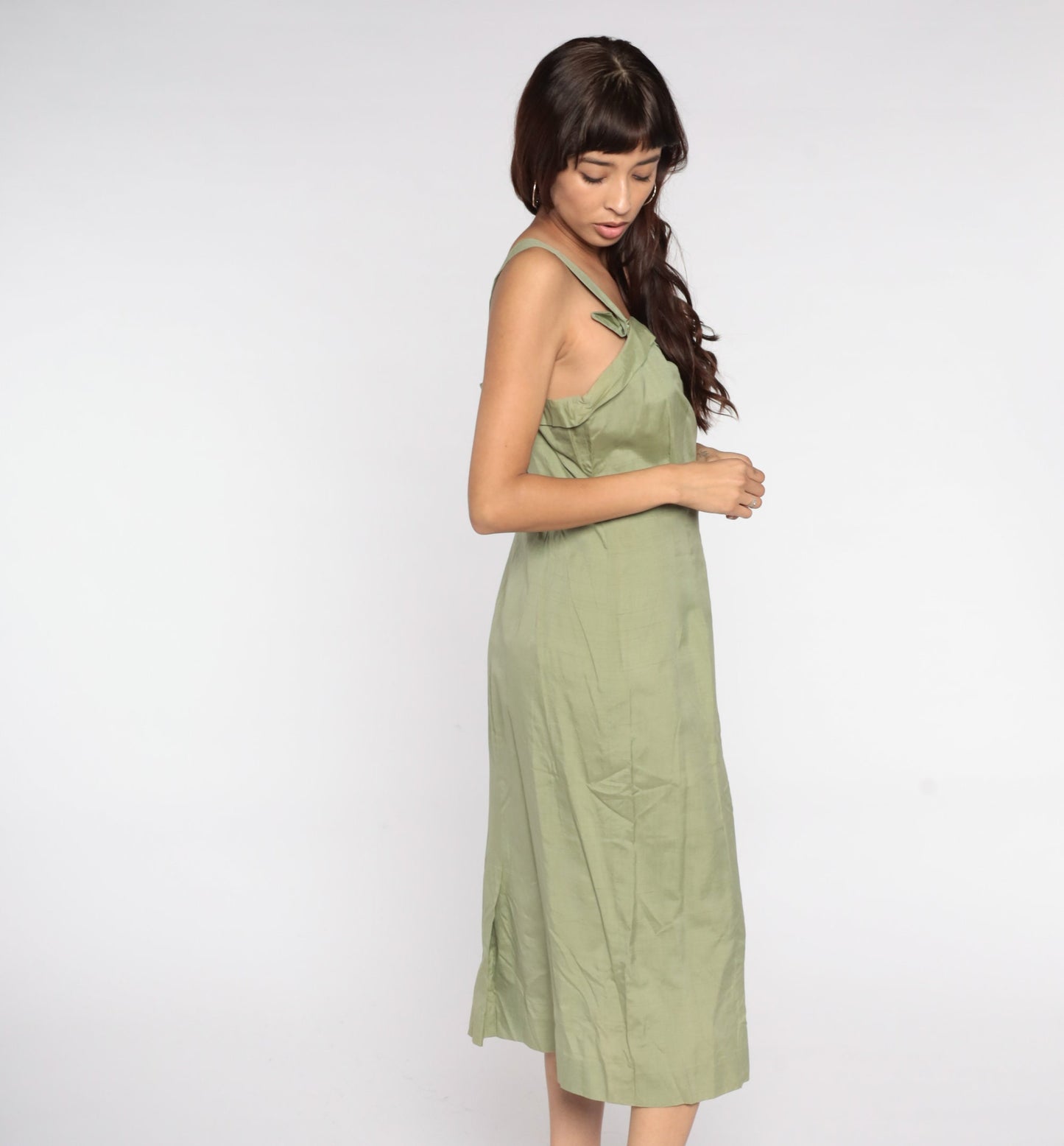 1950s Avocado Green Pencil Dress Sleeveless Tank Sheath Midi Large