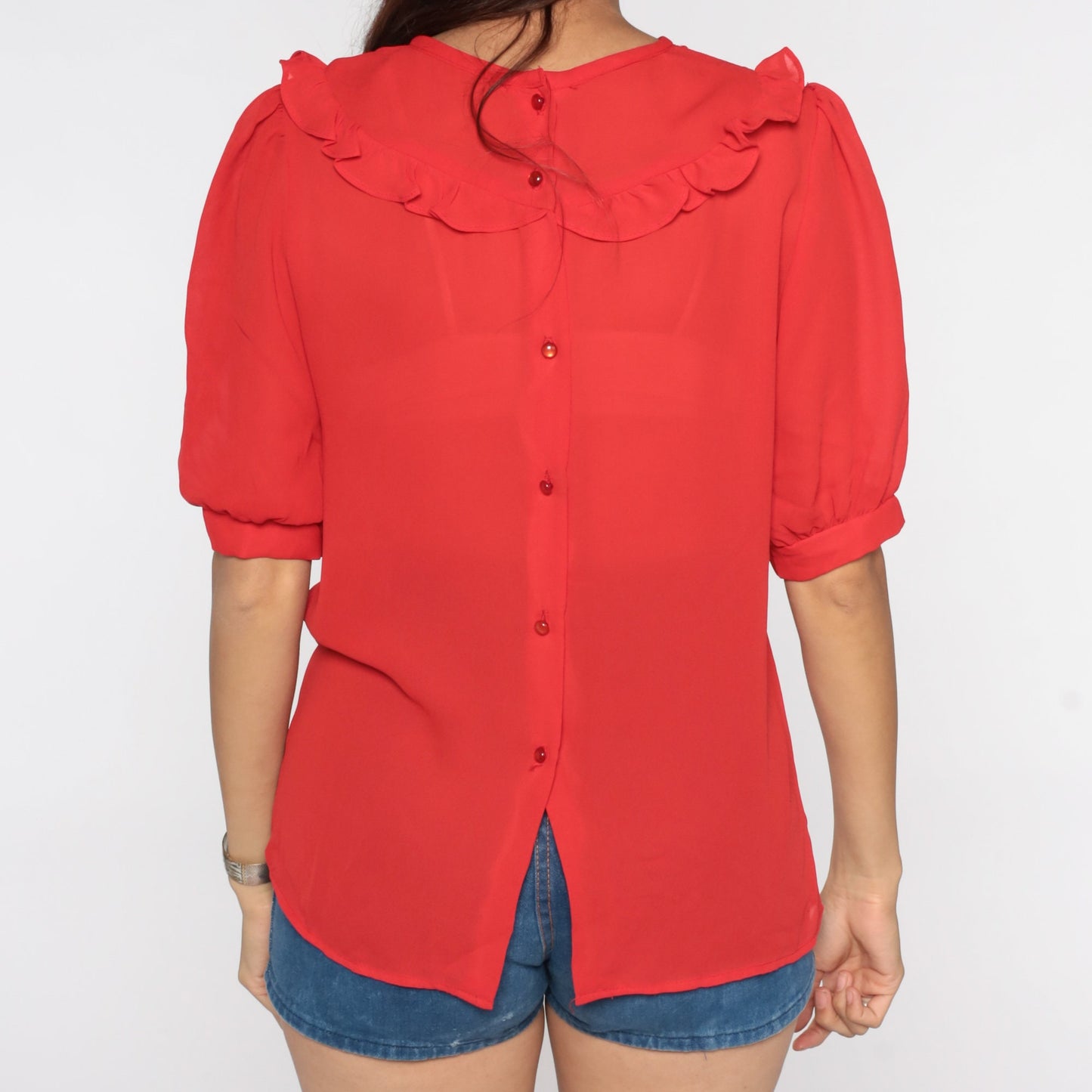 80s Red Sheer Blouse Ruffled Neckline Puff Sleeve Button Back Medium