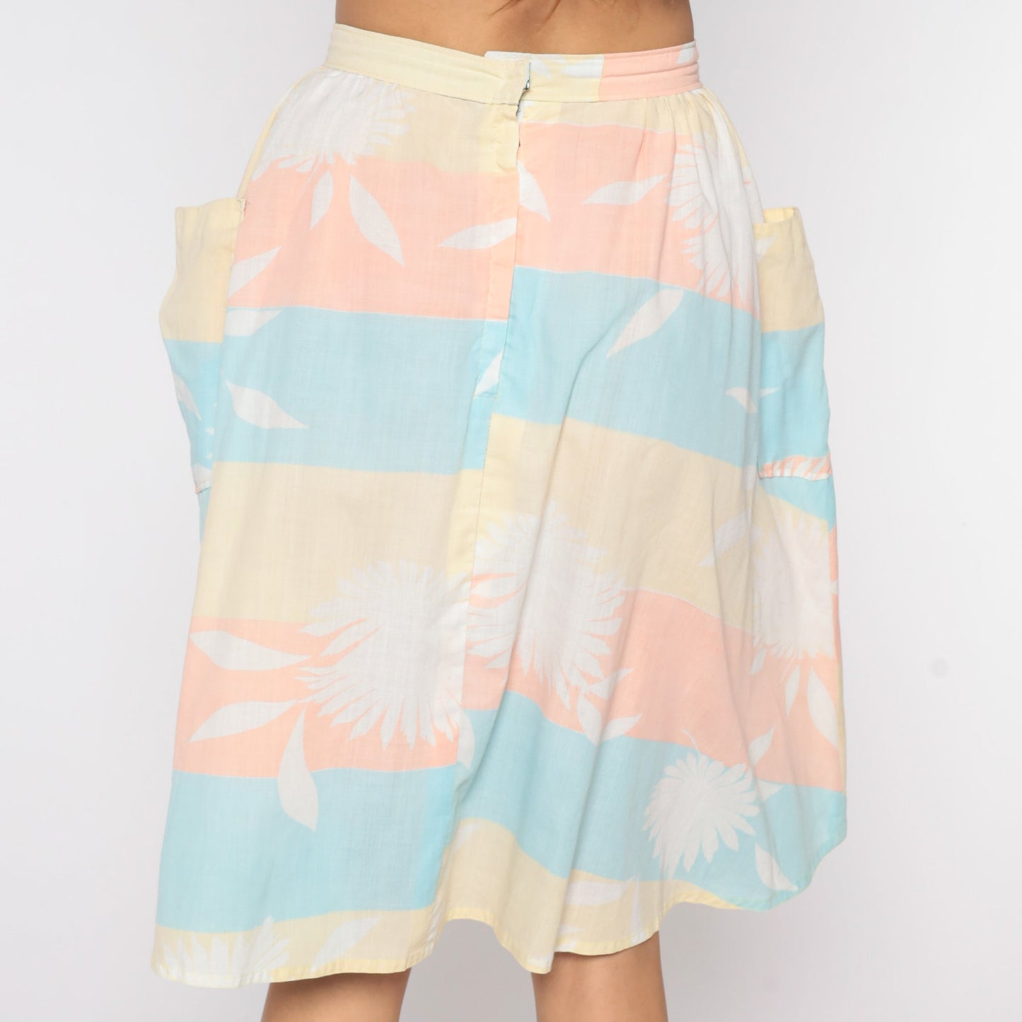 80s Striped Floral Midi Skirt High Waist Yellow Pastel Small