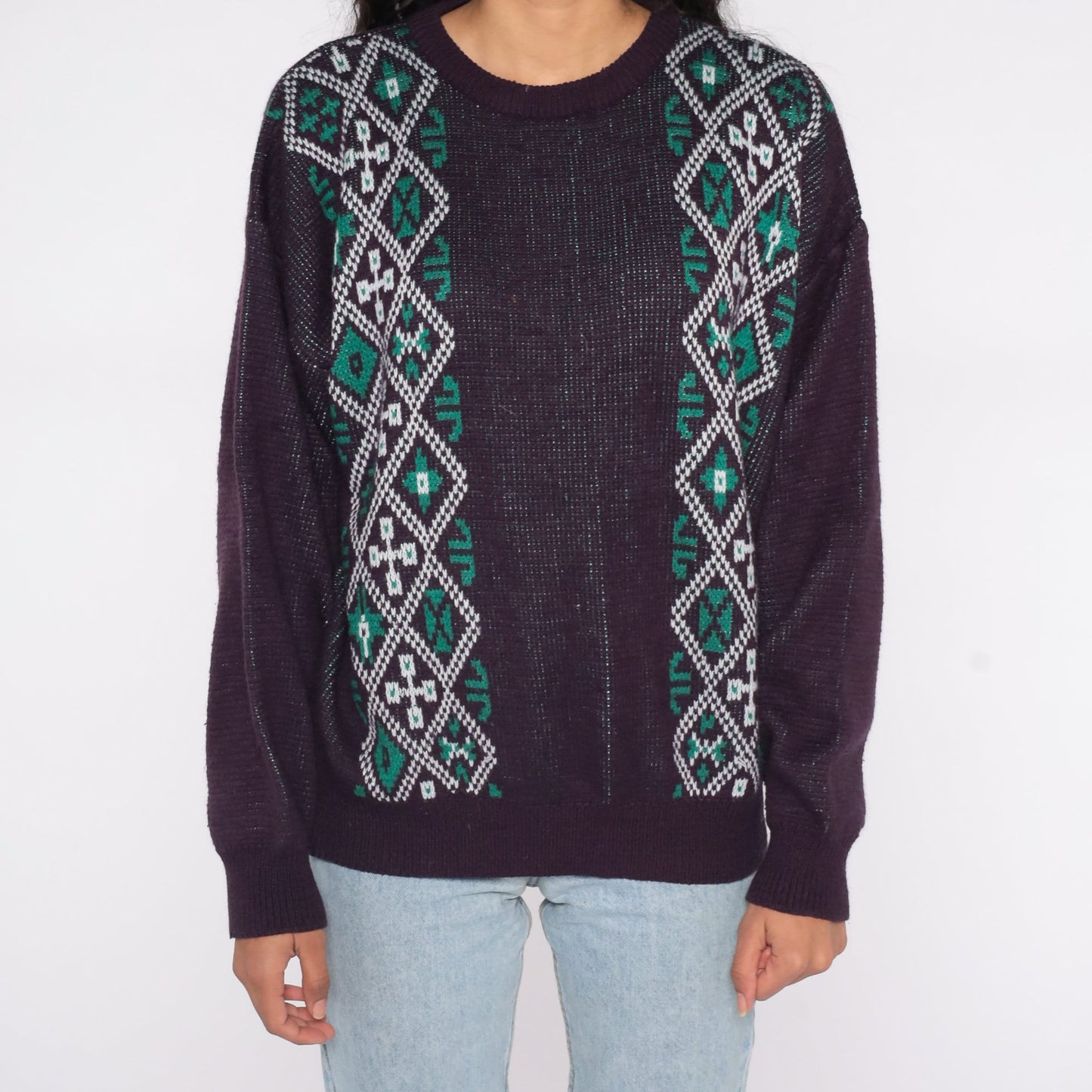 80s Fair Isle Sweater Eggplant Purple Geometric Knit Crewneck Extra Large