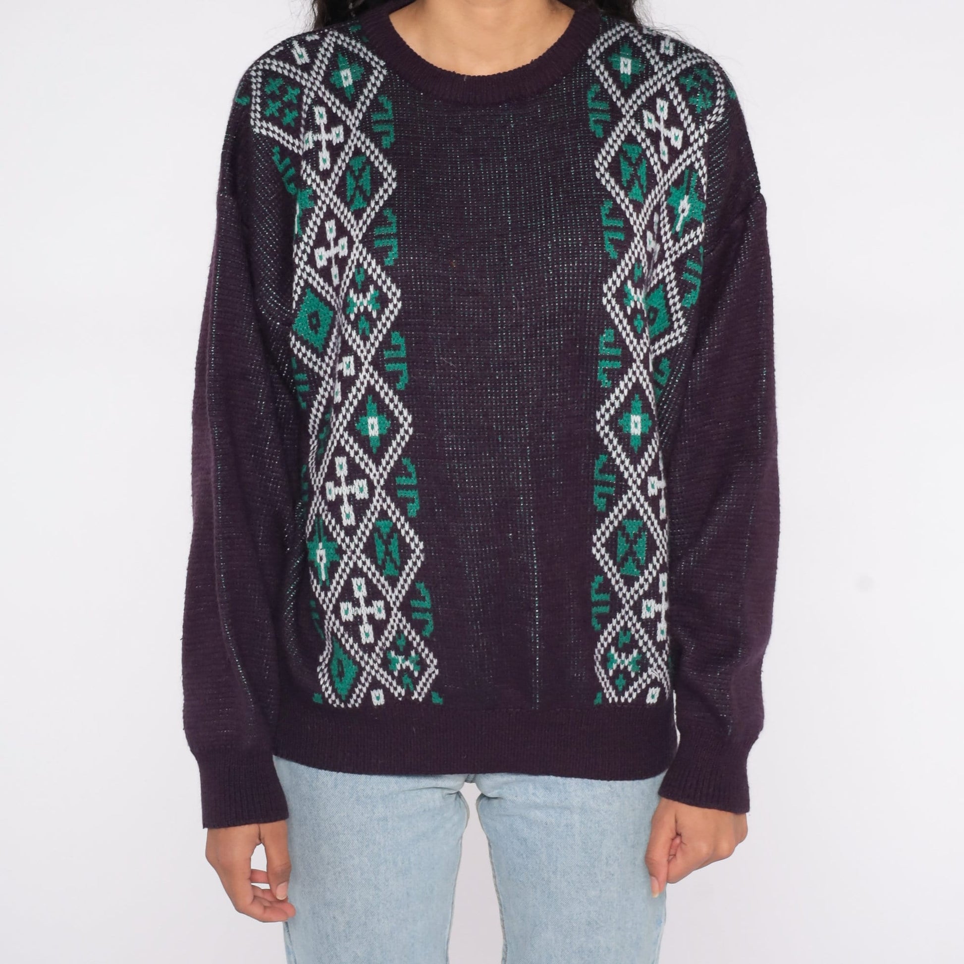 80s Fair Isle Sweater Eggplant Purple Geometric Knit Crewneck Extra Large