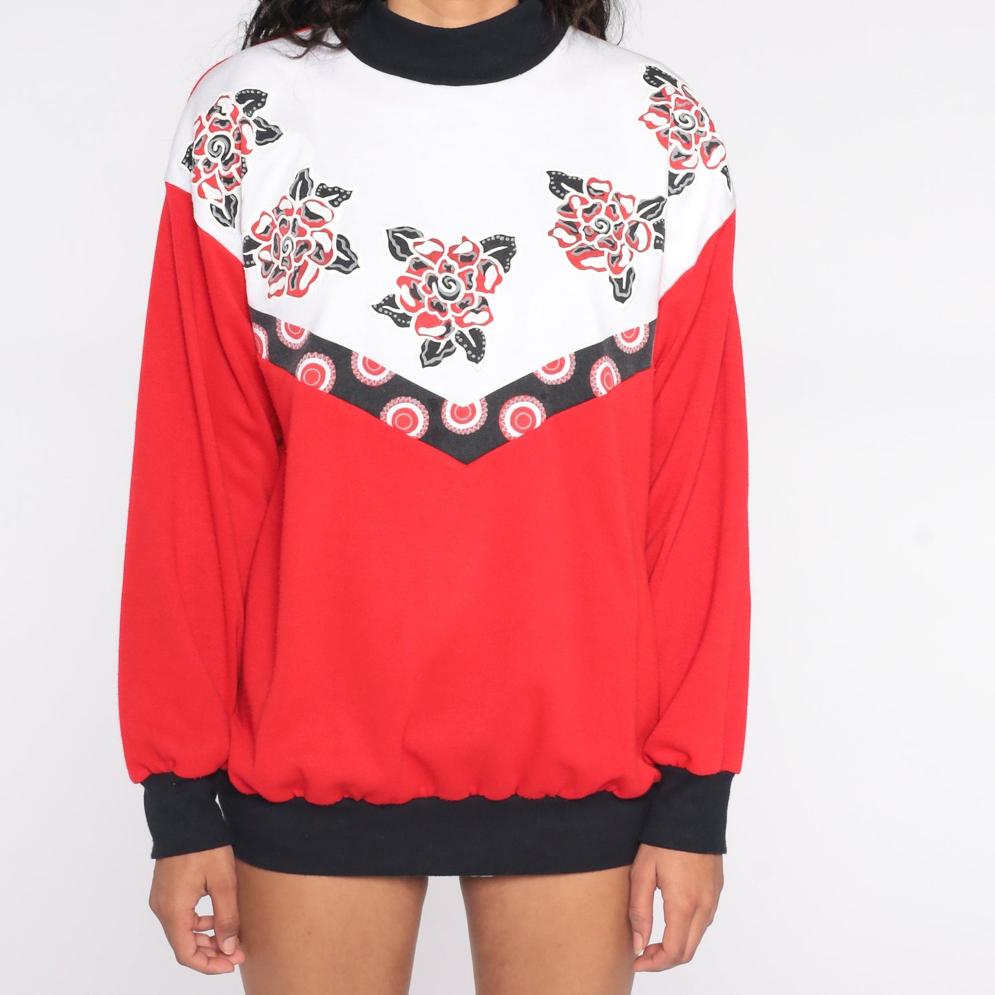 80s Floral Color Block Sweatshirt Red White Black Graphic Crewneck Large