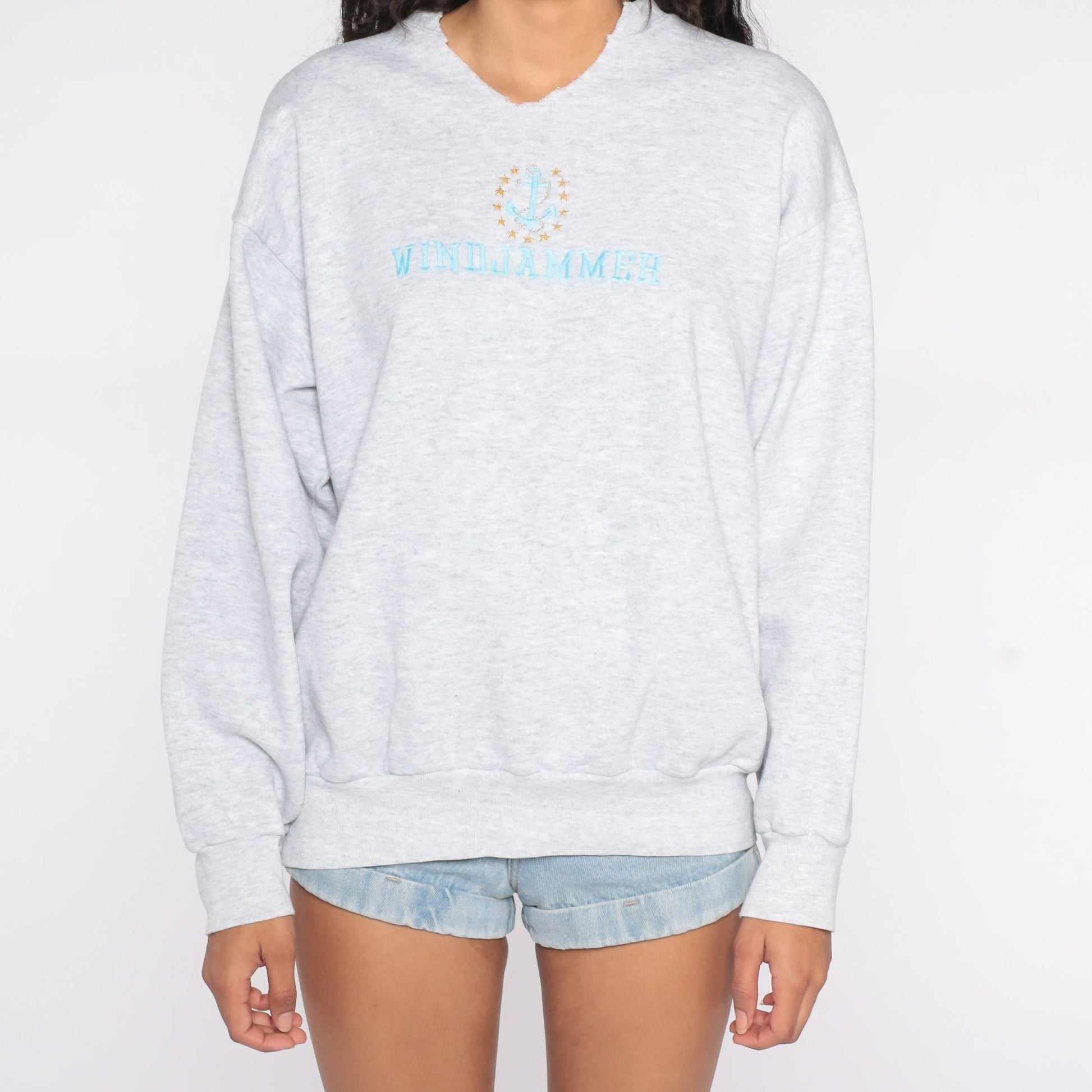 90s Windjammer Nautical Sweatshirt Grey Anchor Sailing Boat Crewneck Large L