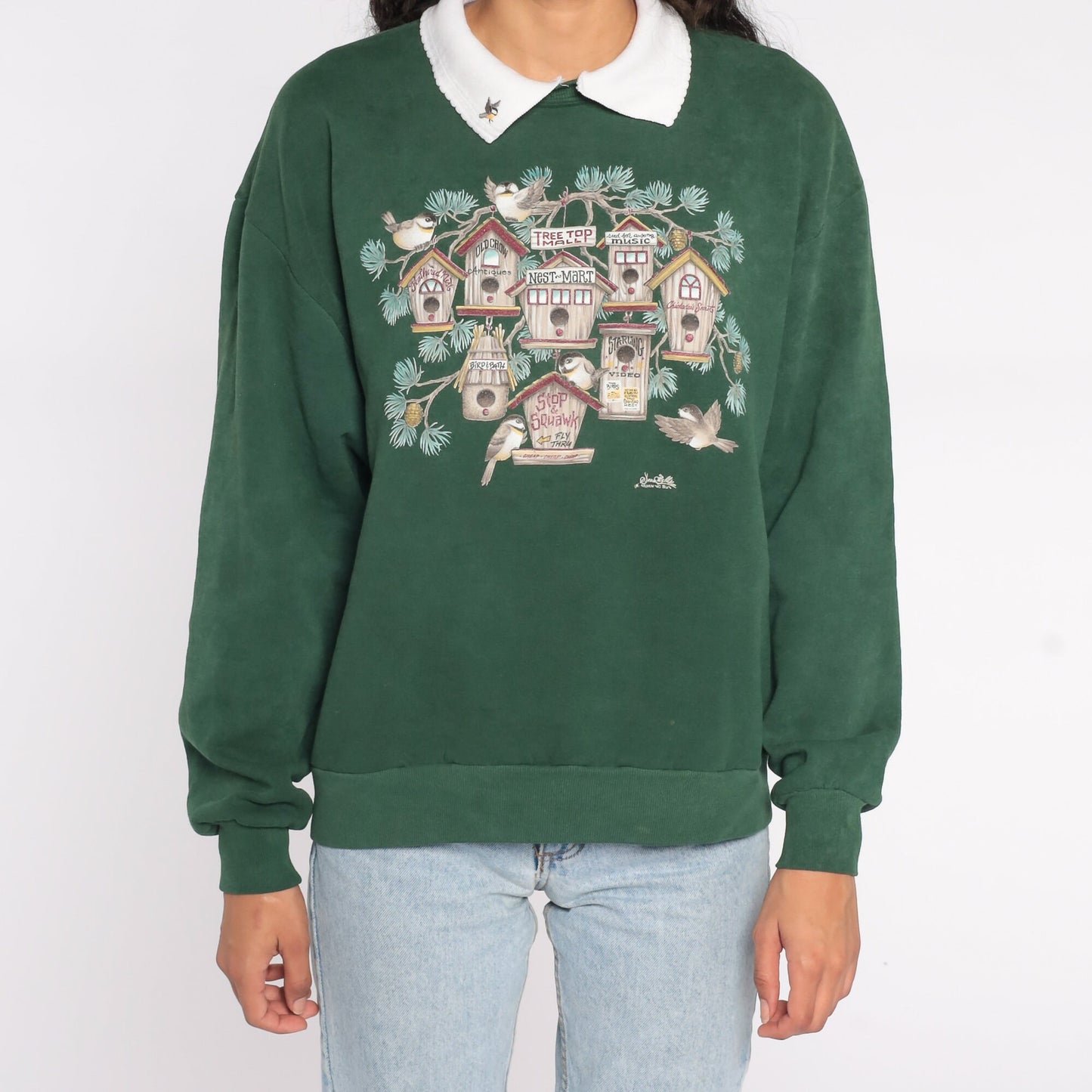 90s Bird Graphic Sweatshirt Green Collared Crewneck Large