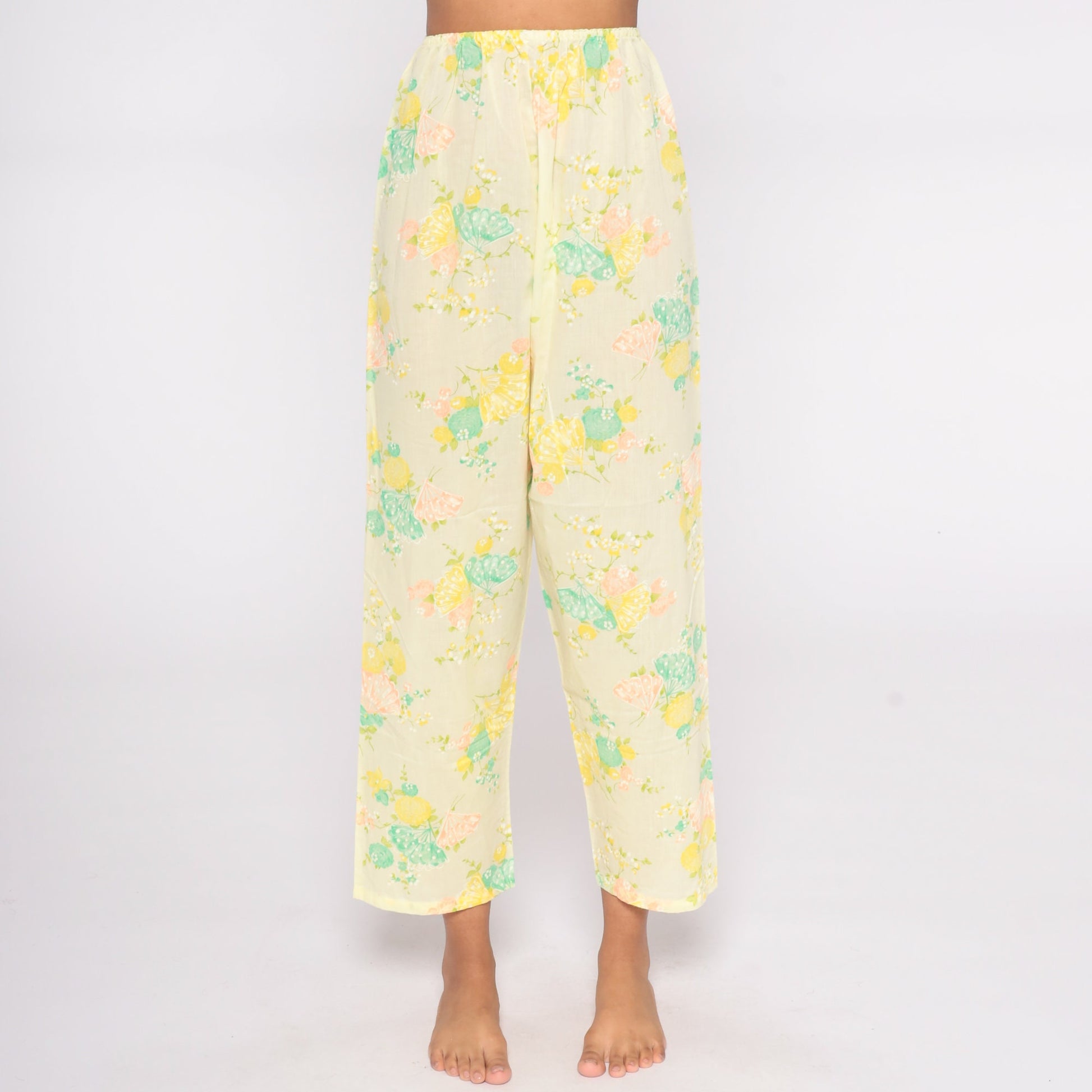 70s Yellow Floral Wide Leg Pants Butterfly Print High Waist Small Medium