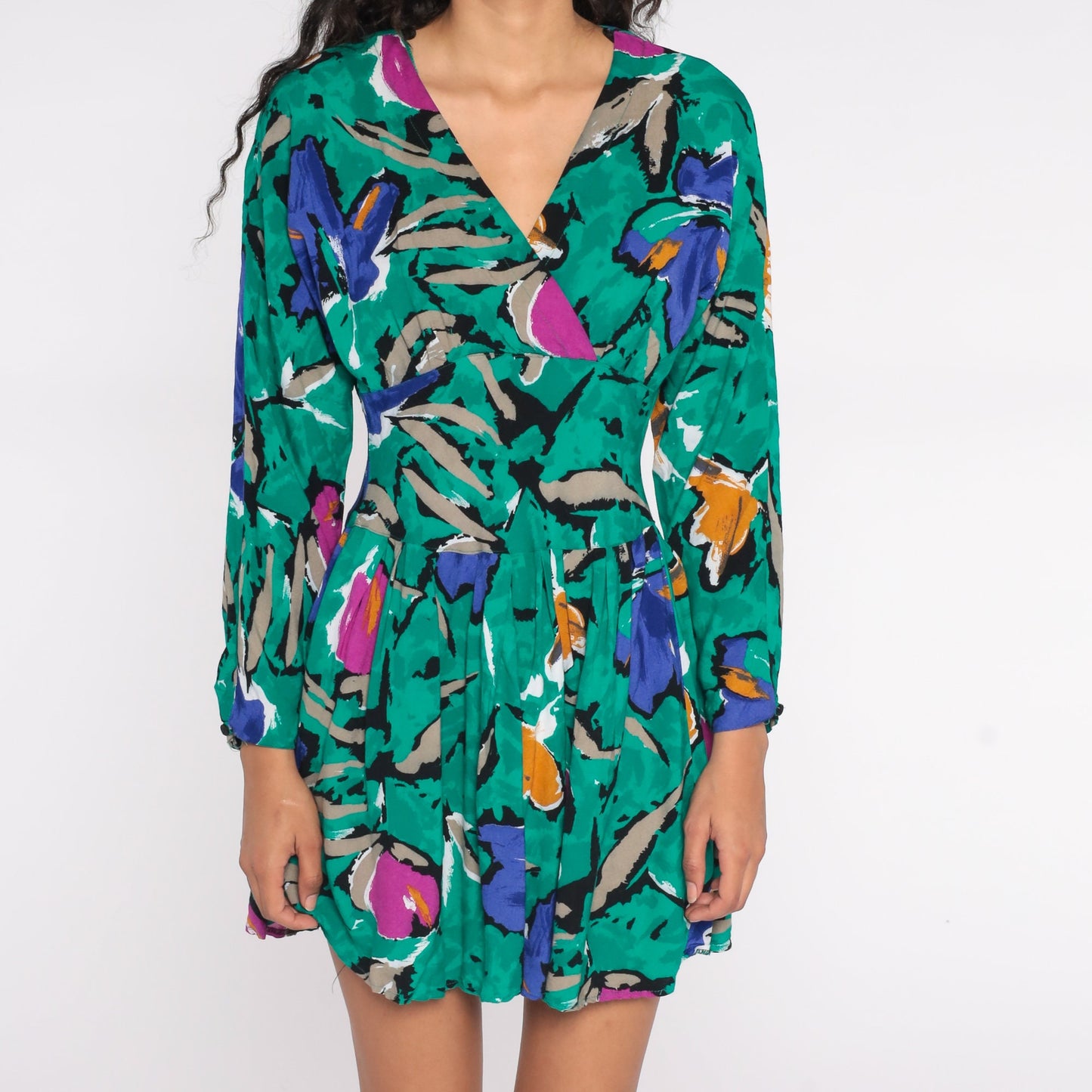 80s Floral Wrap Dress Mini V-Neck High Waisted Long Sleeve Green Pink Purple Medium