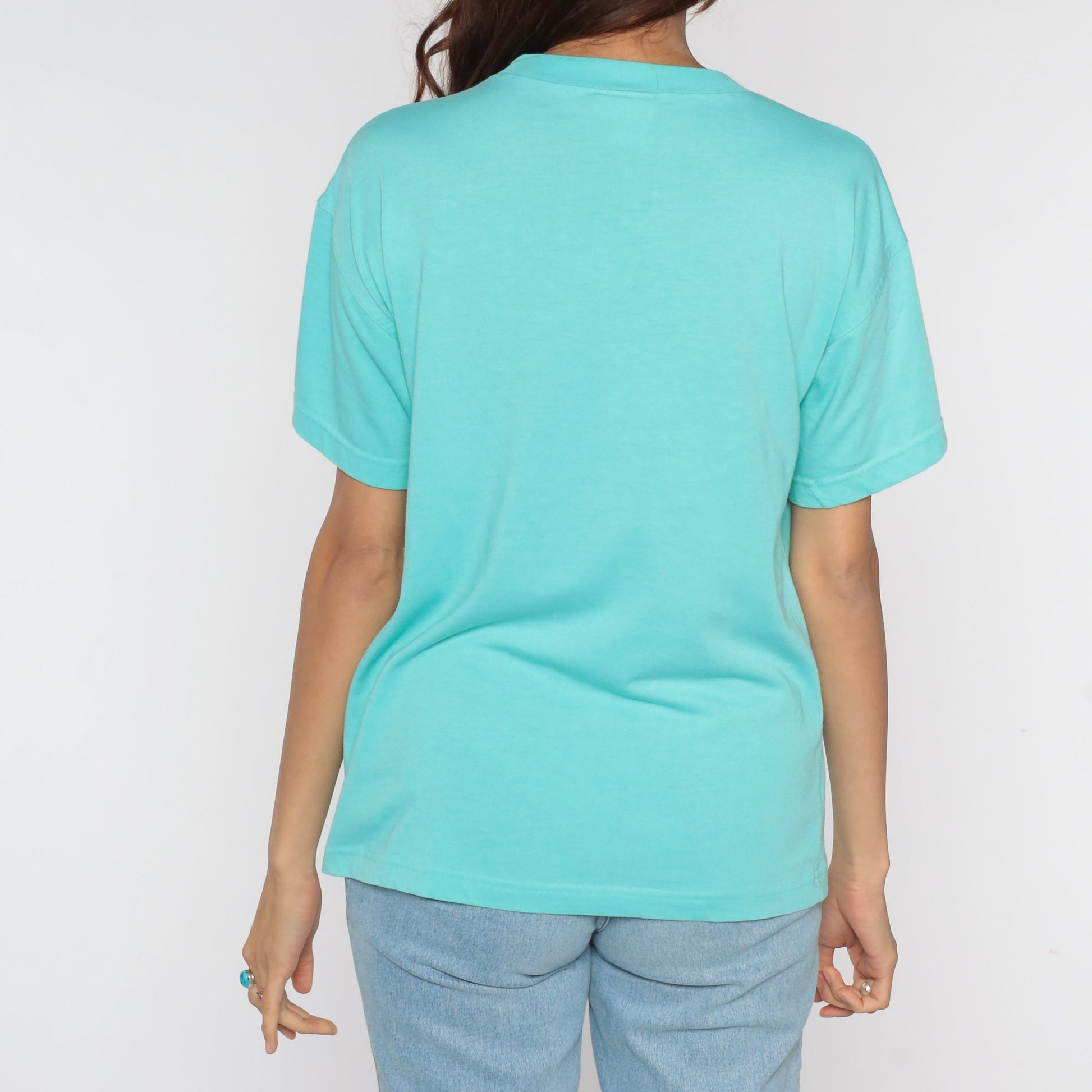 80s Turquoise Blue Pocket T-Shirt Cotton Blend Plain Tee Small S