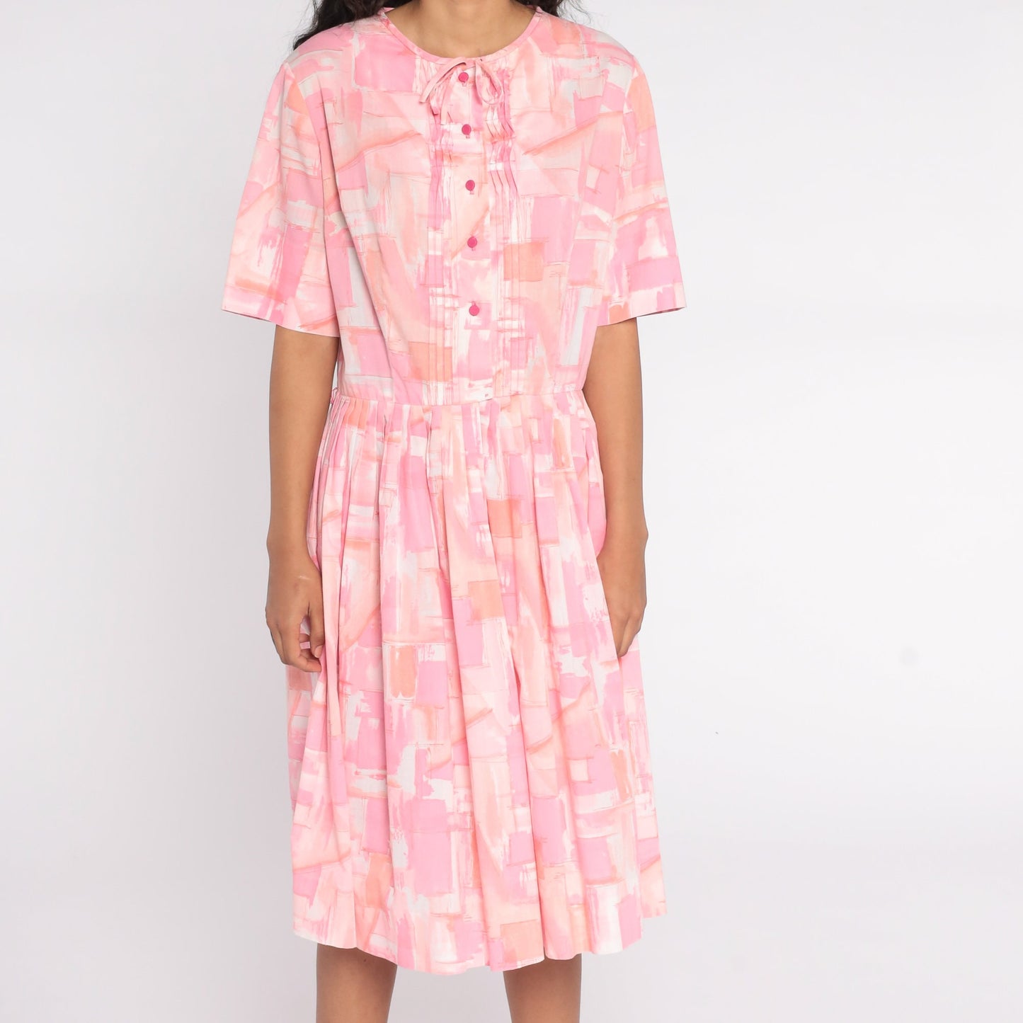 60s Pink Watercolor Geometric Midi Shirtdress Button-Up Pleated Large L