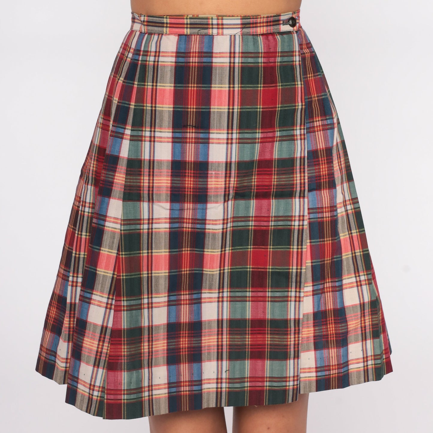 70s Plaid Pleated Mini Skirt High Waist Multicolor Tartan Extra Small