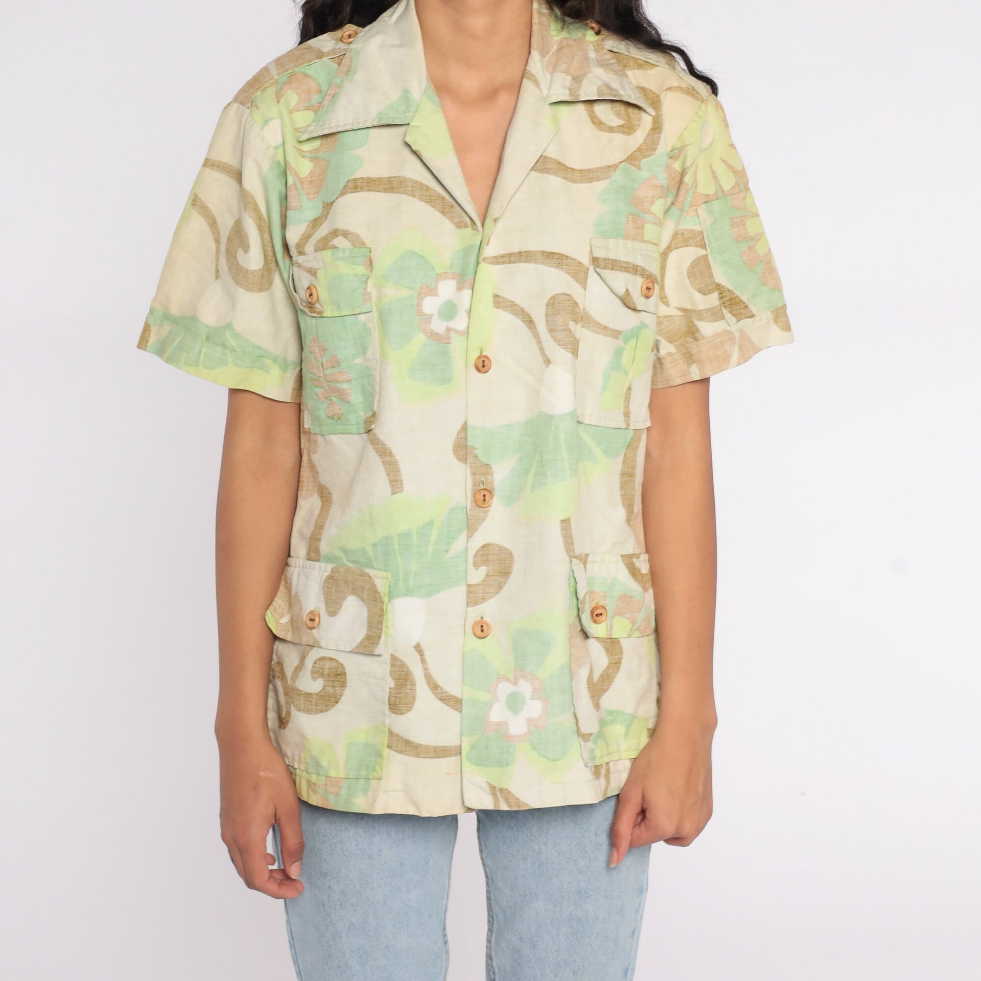 70s Surfline Original Floral Button Up Shirt Cotton Medium