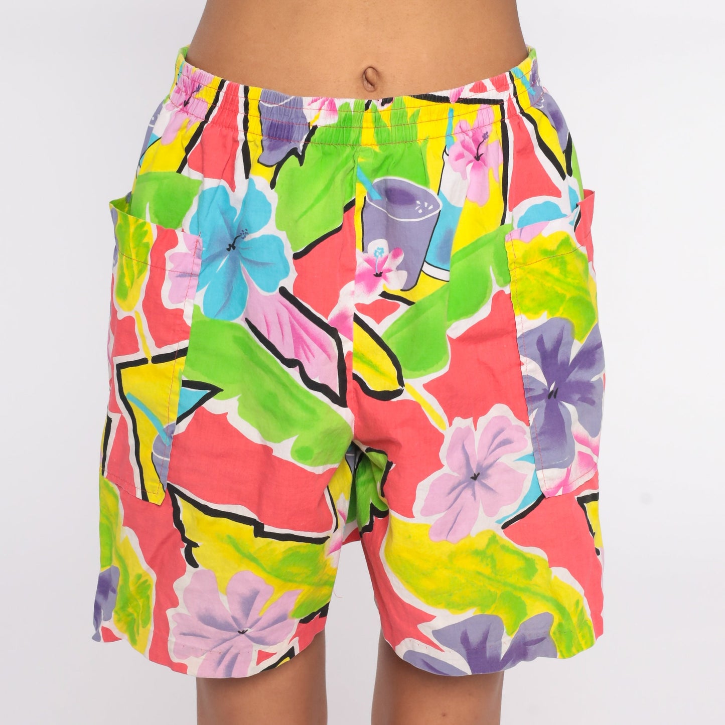 80s Hilo Hattie Tropical Floral Shorts High Waist Elastic Waist Medium