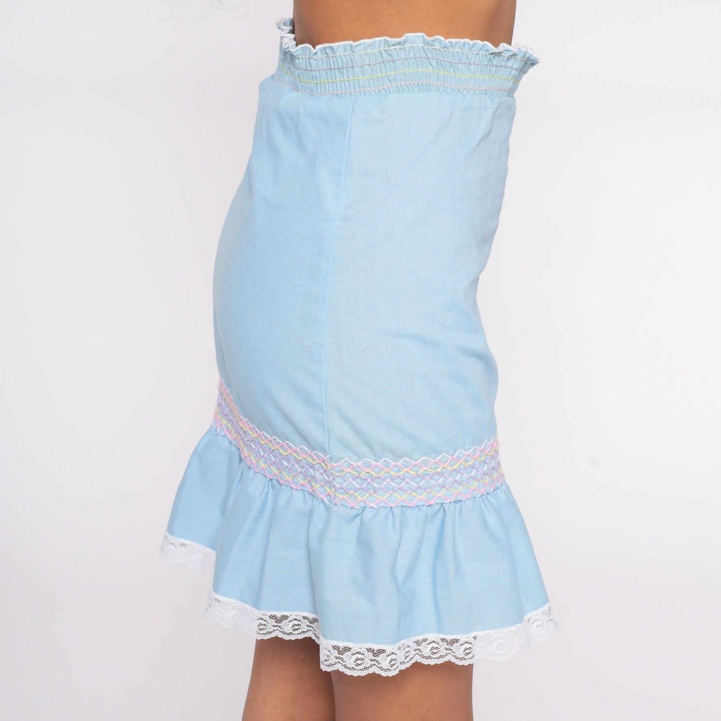 70s Baby Blue Mini Skirt High Waisted Smocked Ruffle Lace Trim Small