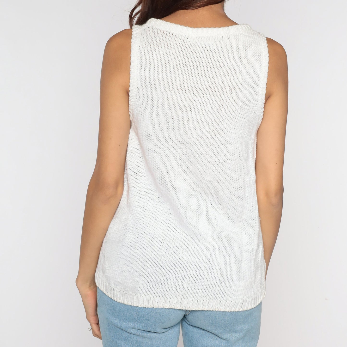 80s Tropical Leaf Knit Tank Top White Ramie Cotton Sleeveless Sweater Medium