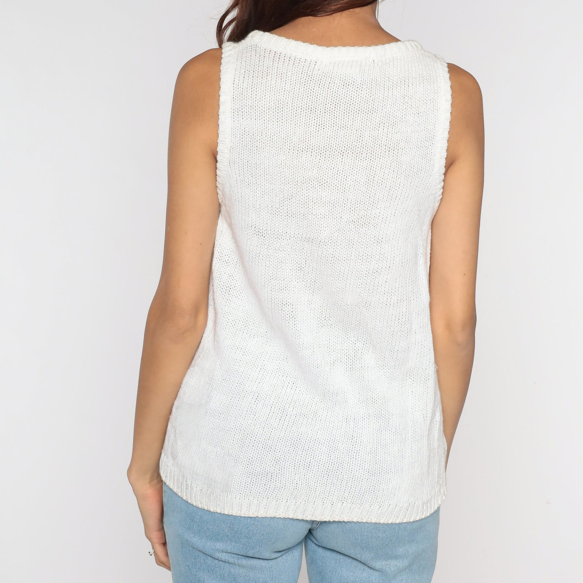 80s Tropical Leaf Knit Tank Top White Ramie Cotton Sleeveless Sweater Medium