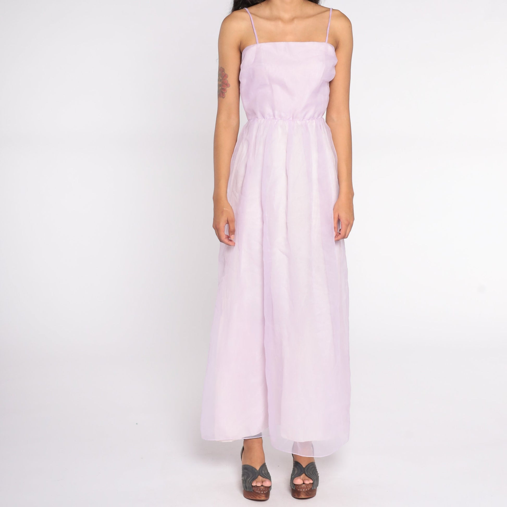 70s Lavender Chiffon Maxi Dress Spaghetti Strap Sleeveless Extra Small XS