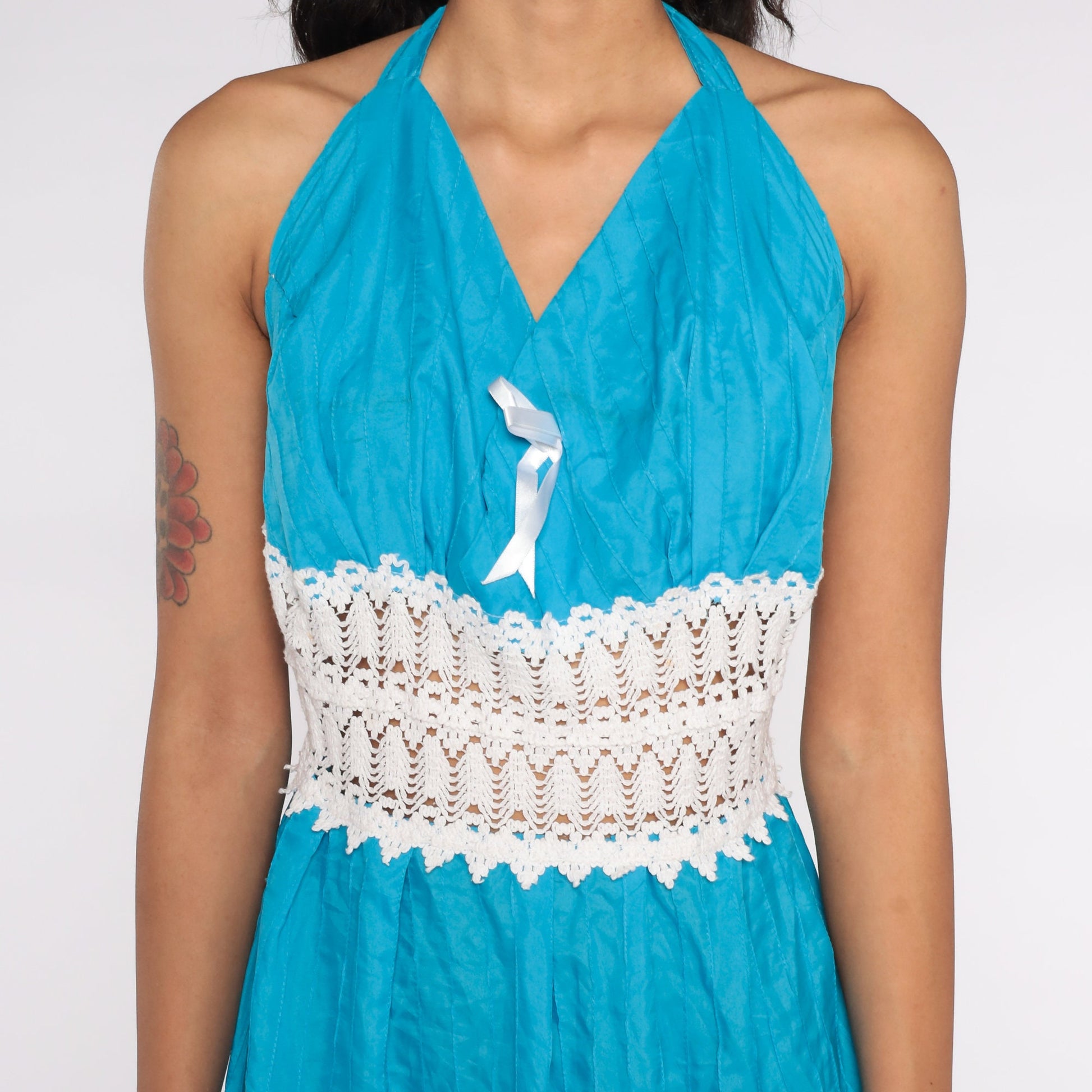 Vintage Embroidered Mexican Halter Midi Dress Blue Crochet Waist Large