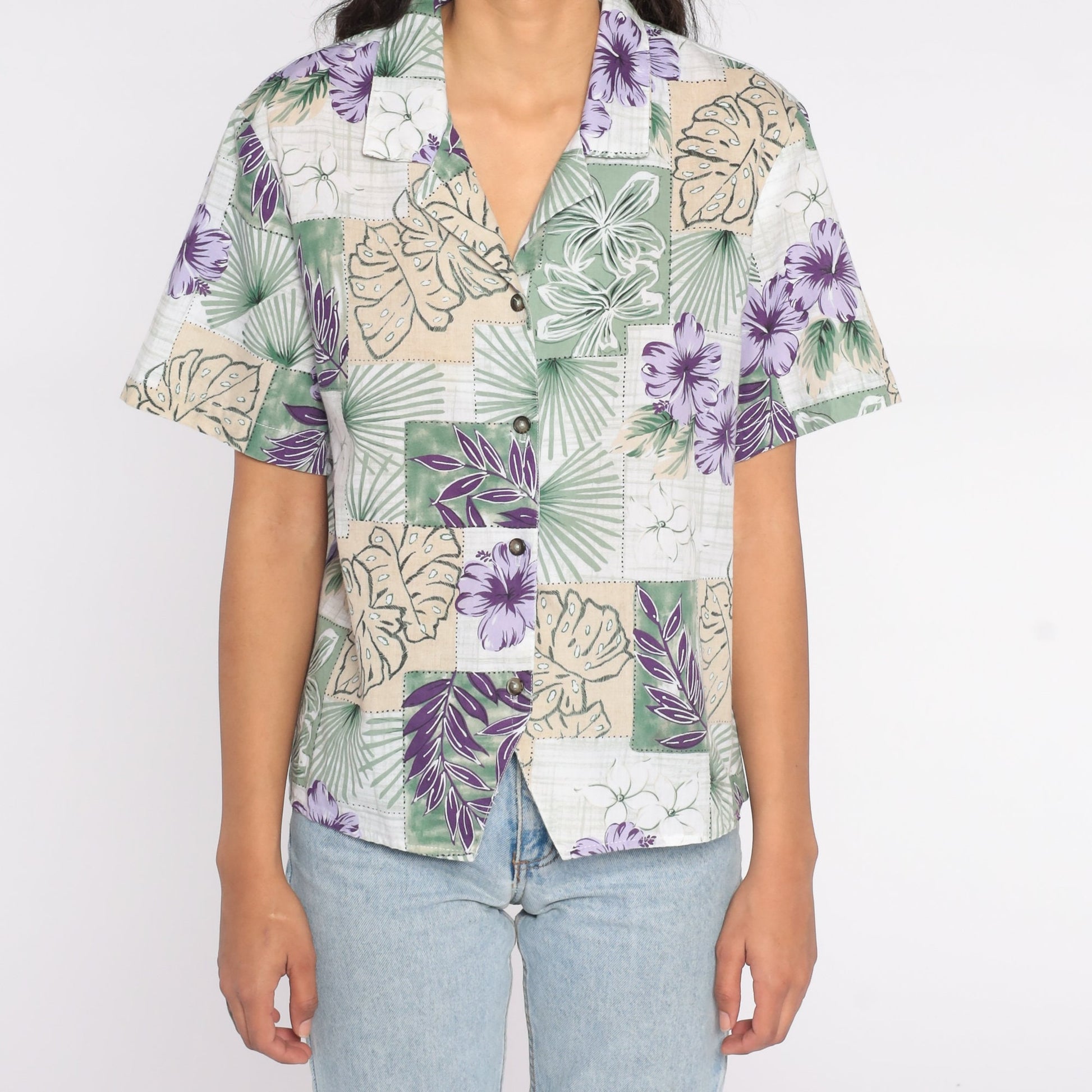 90s Tropical Leaf Print Hawaiian Button-Up Blouse Short Sleeve Extra Large XL