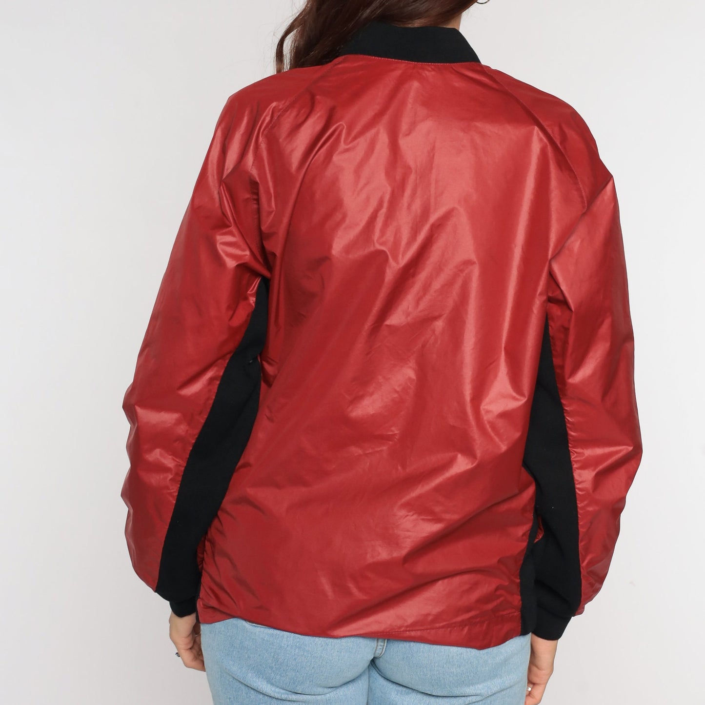 80s Red Nylon Windbreaker Jacket Raglan Sleeve Zip Bomber Large L
