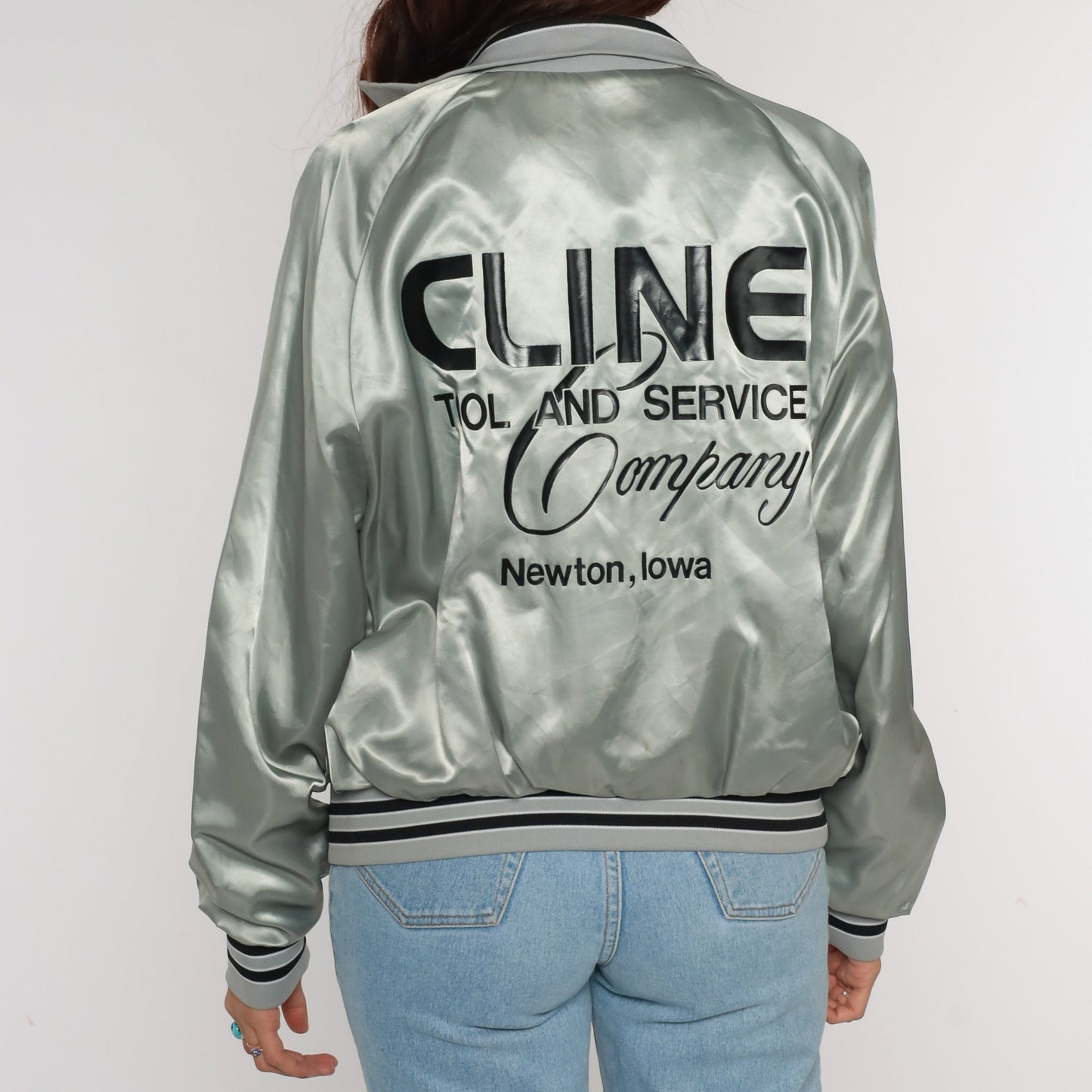 80s Cline Tool and Service Satin Bomber Jacket Silver Small