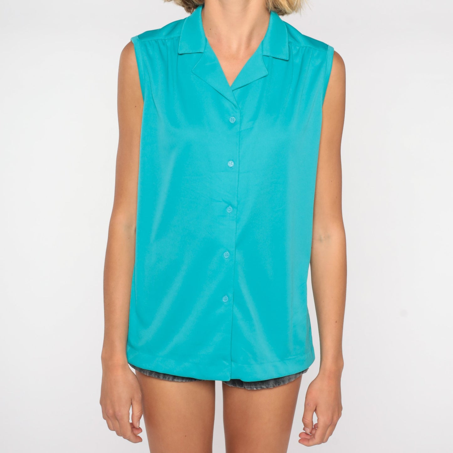80s Sears Sleeveless Button-Up Blouse Turquoise Large L