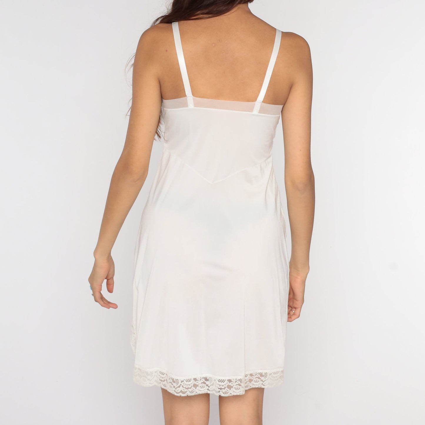 1970s Gaymode White Lace Slip Dress Empire Waist Spaghetti Strap Mini XS