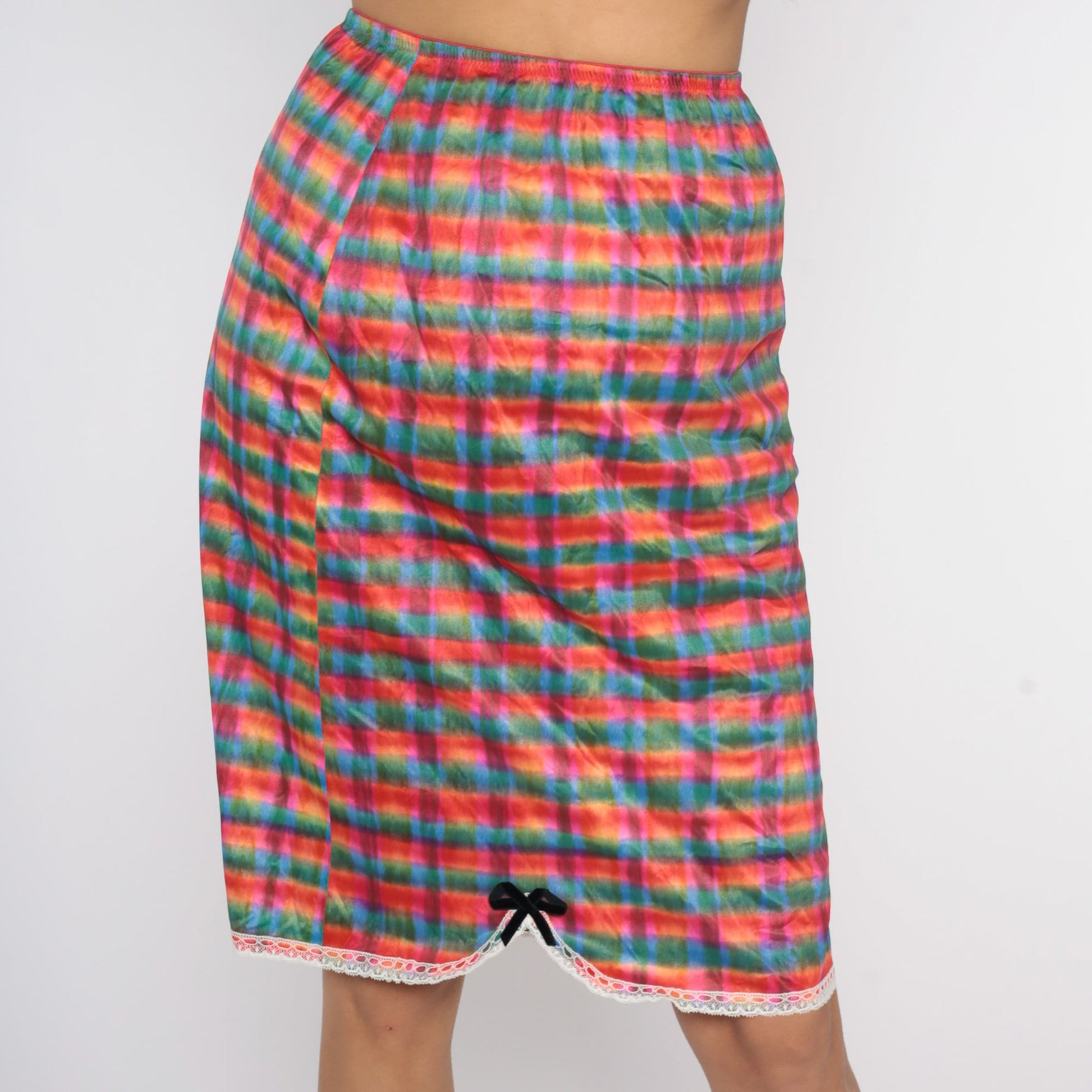 70s Checkered Nylon Half Slip Lingerie Skirt Lace Trim Green Pink Red Medium