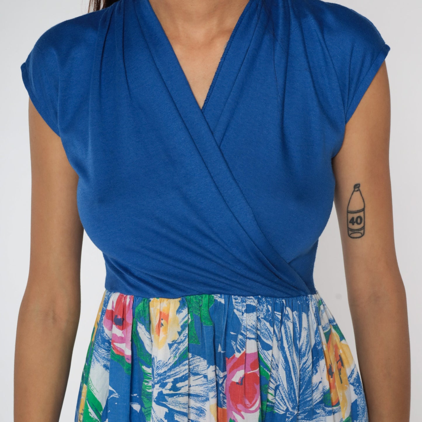 80s Floral Midi Wrap Dress Blue Cap Sleeve High Waist Small