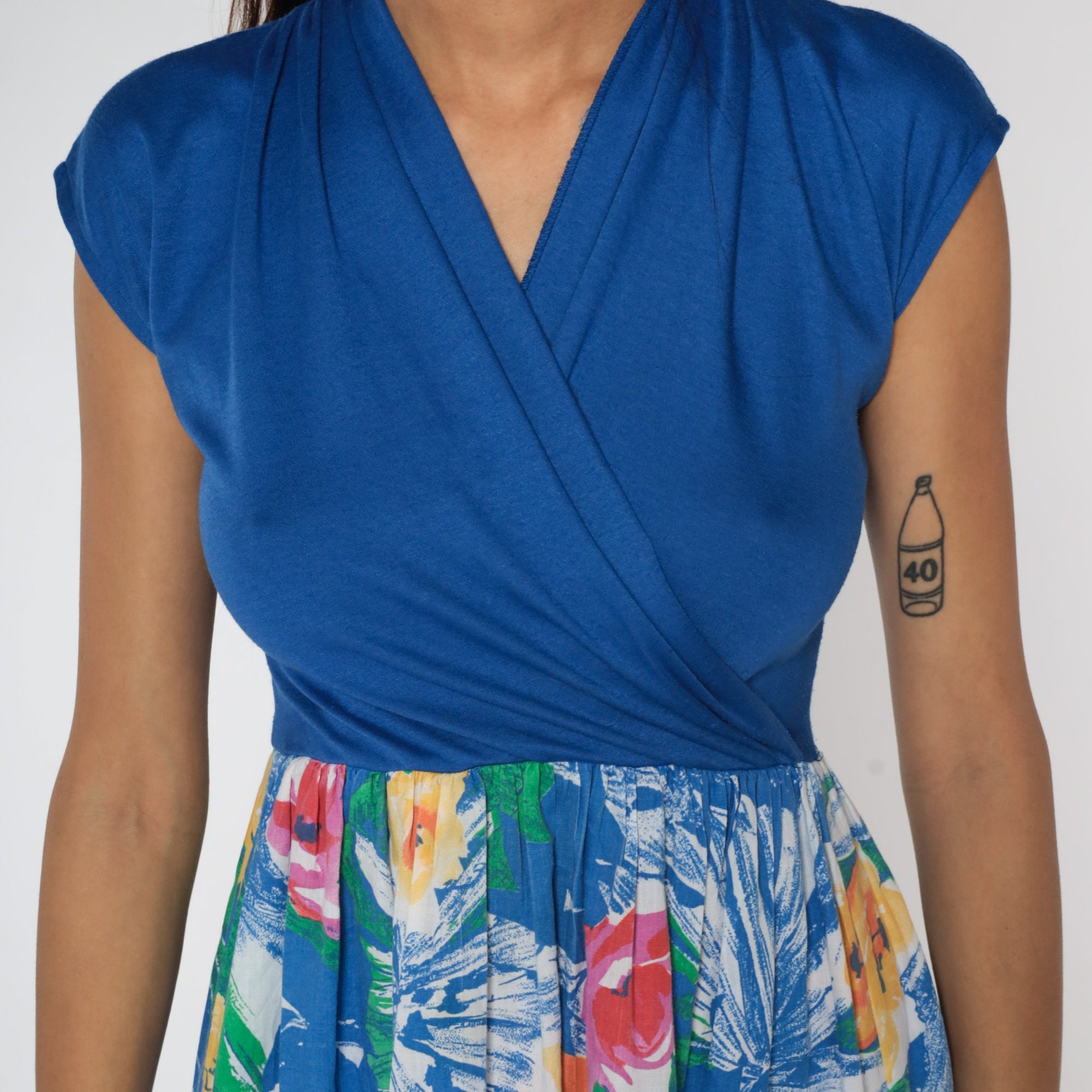 80s Floral Midi Wrap Dress Blue Cap Sleeve High Waist Small