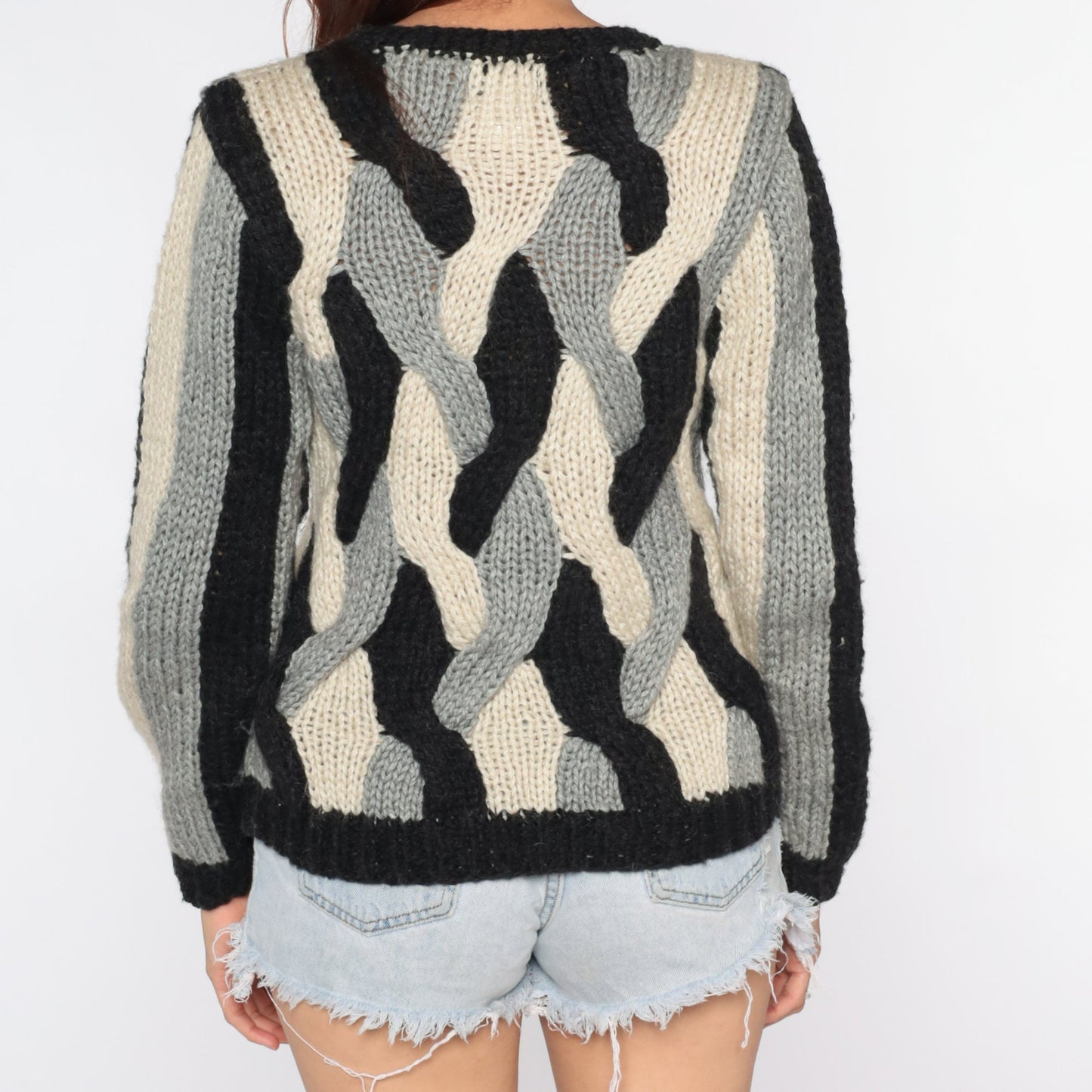 80s Striped Knit Sweater Black Cream Woven Pullover Small