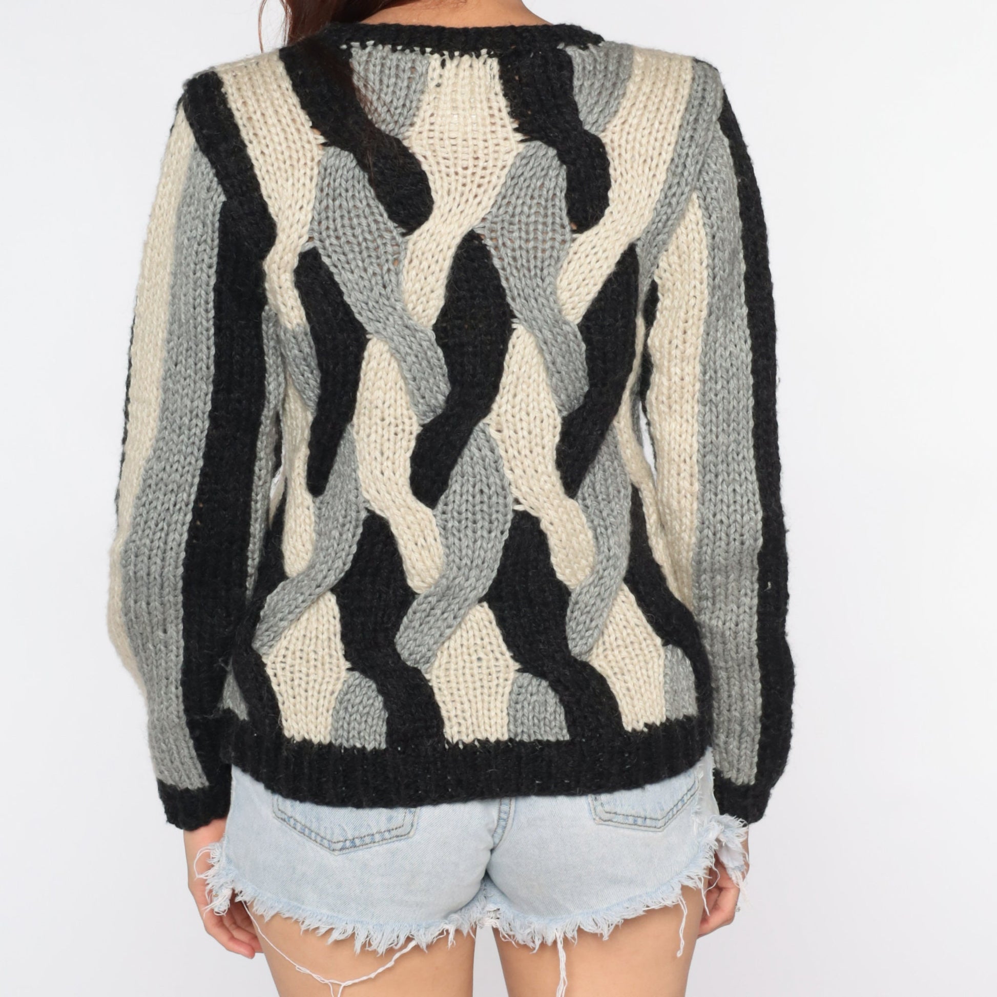 80s Striped Knit Sweater Black Cream Woven Pullover Small