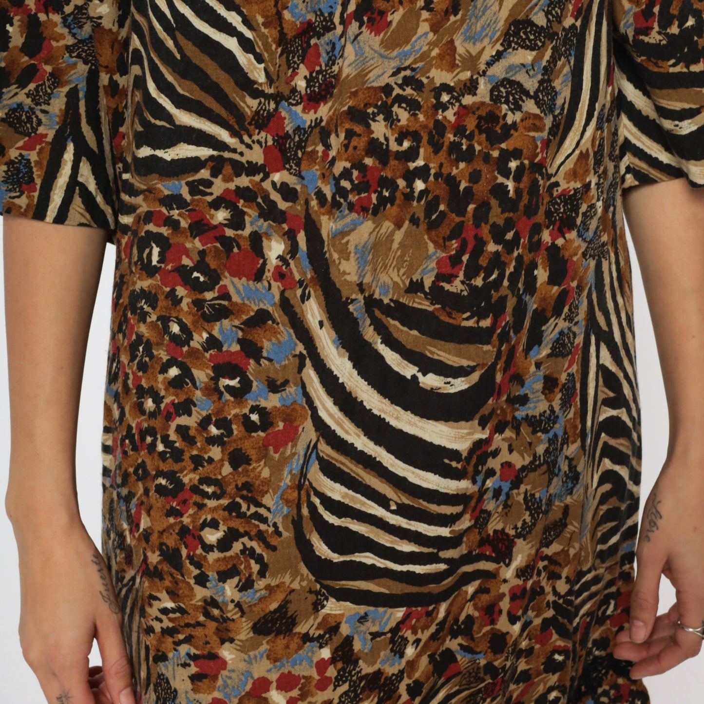 80s Animal Print Mini Shift Dress Brown 3/4 Sleeve Small