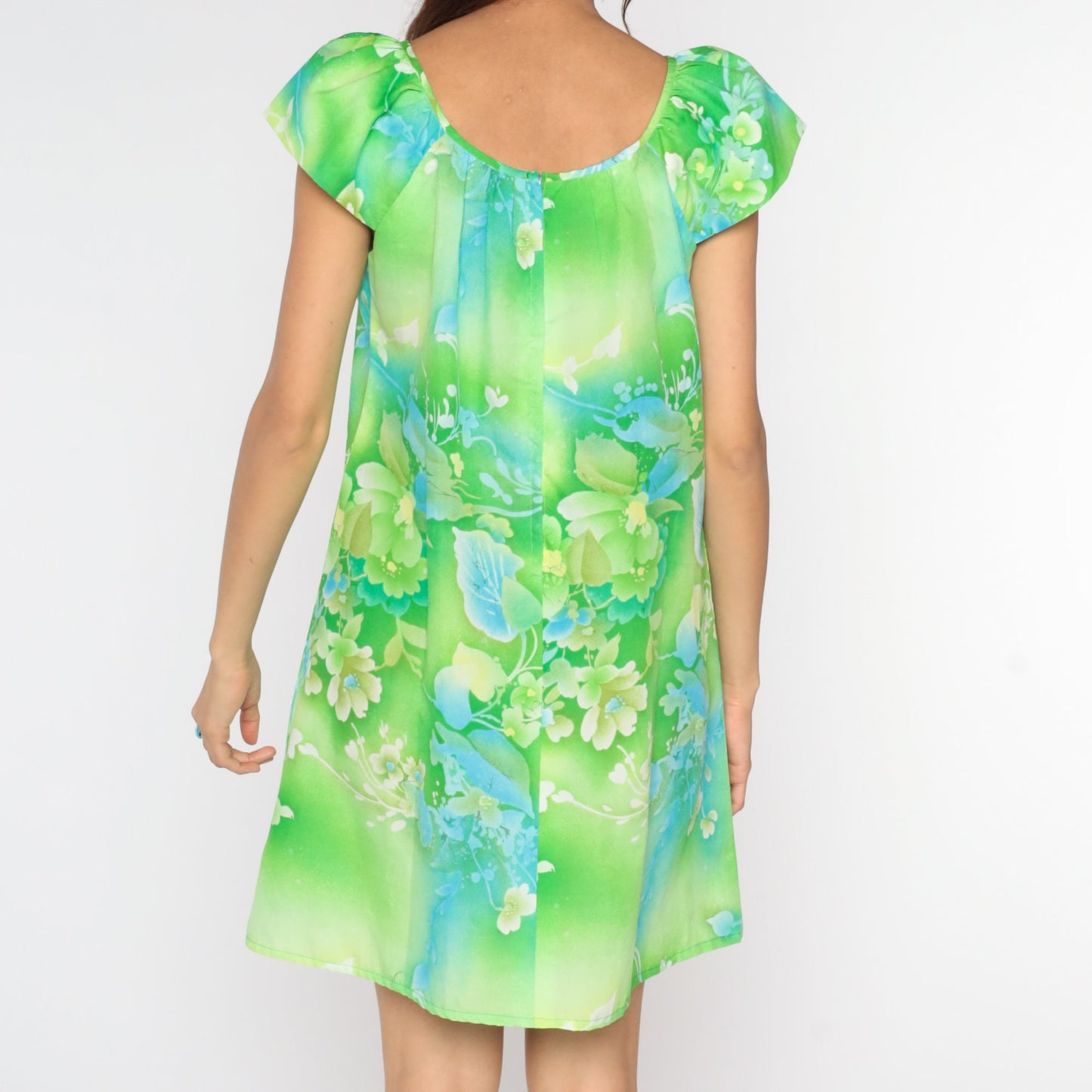 60s Green Floral Shift Dress Mini Neck Tie Flutter Sleeve Medium