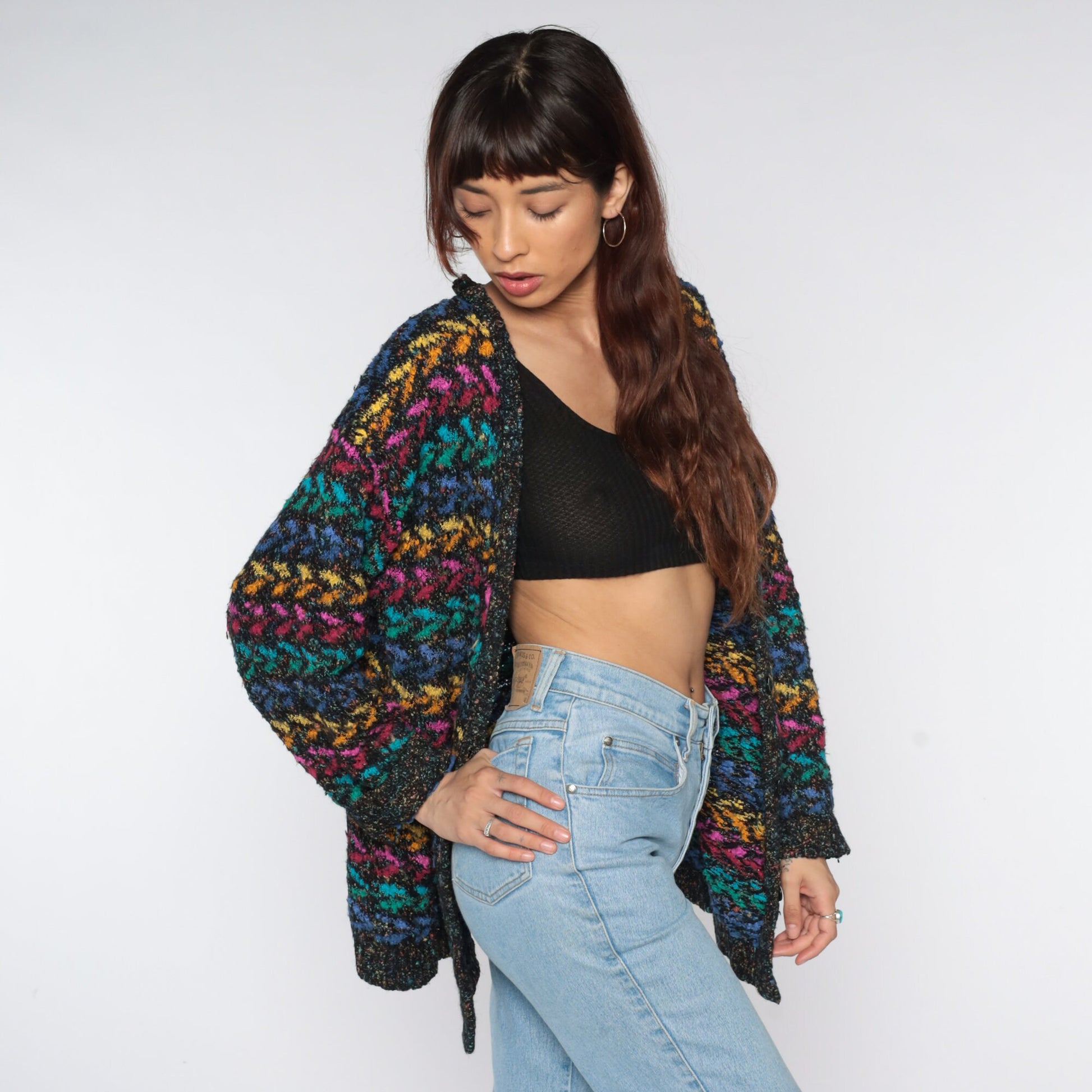 80s Metallic Geometric Cardigan Black Rainbow Sparkly Knit Small