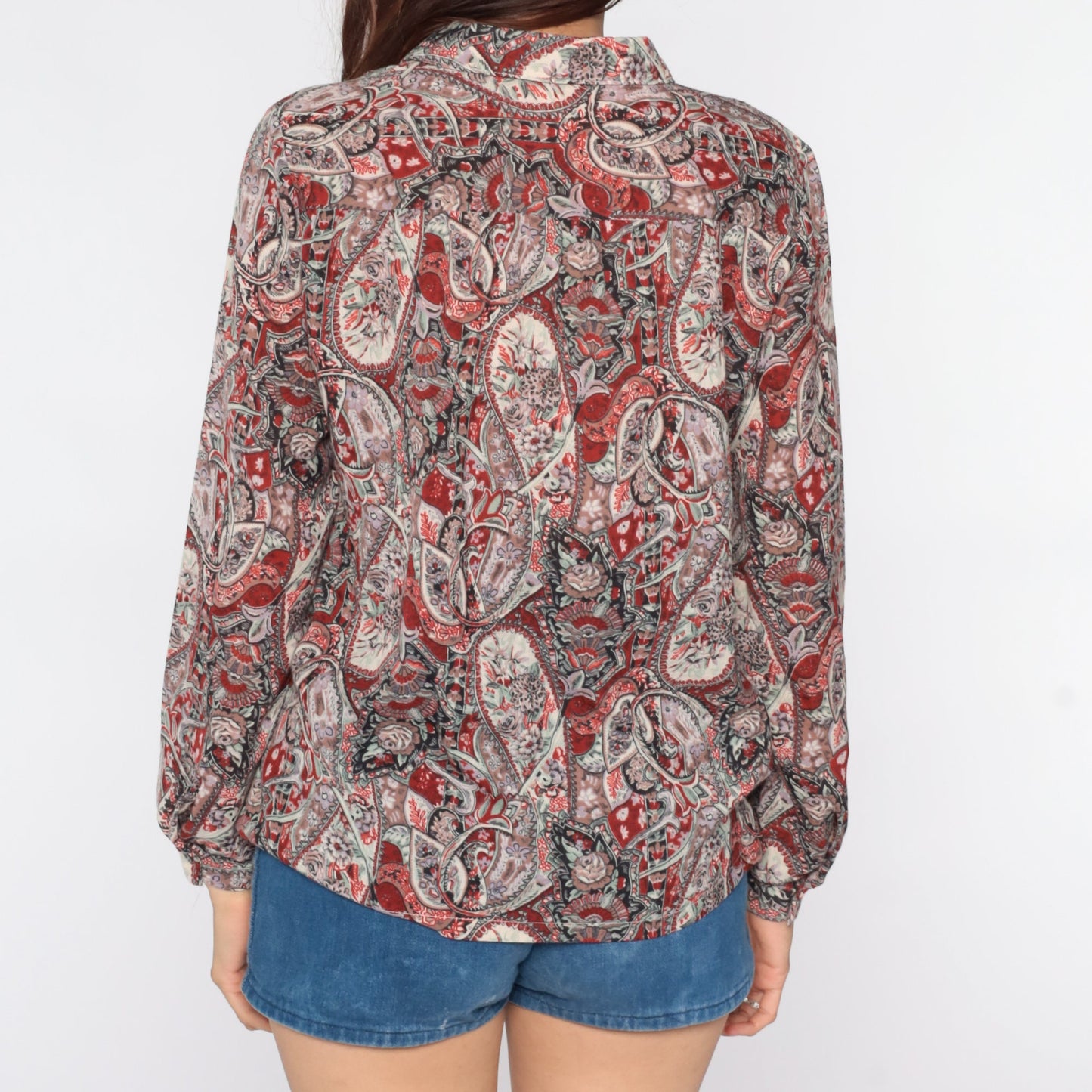 80s Paisley Button-Up Blouse Long Sleeve Psychedelic Print Medium