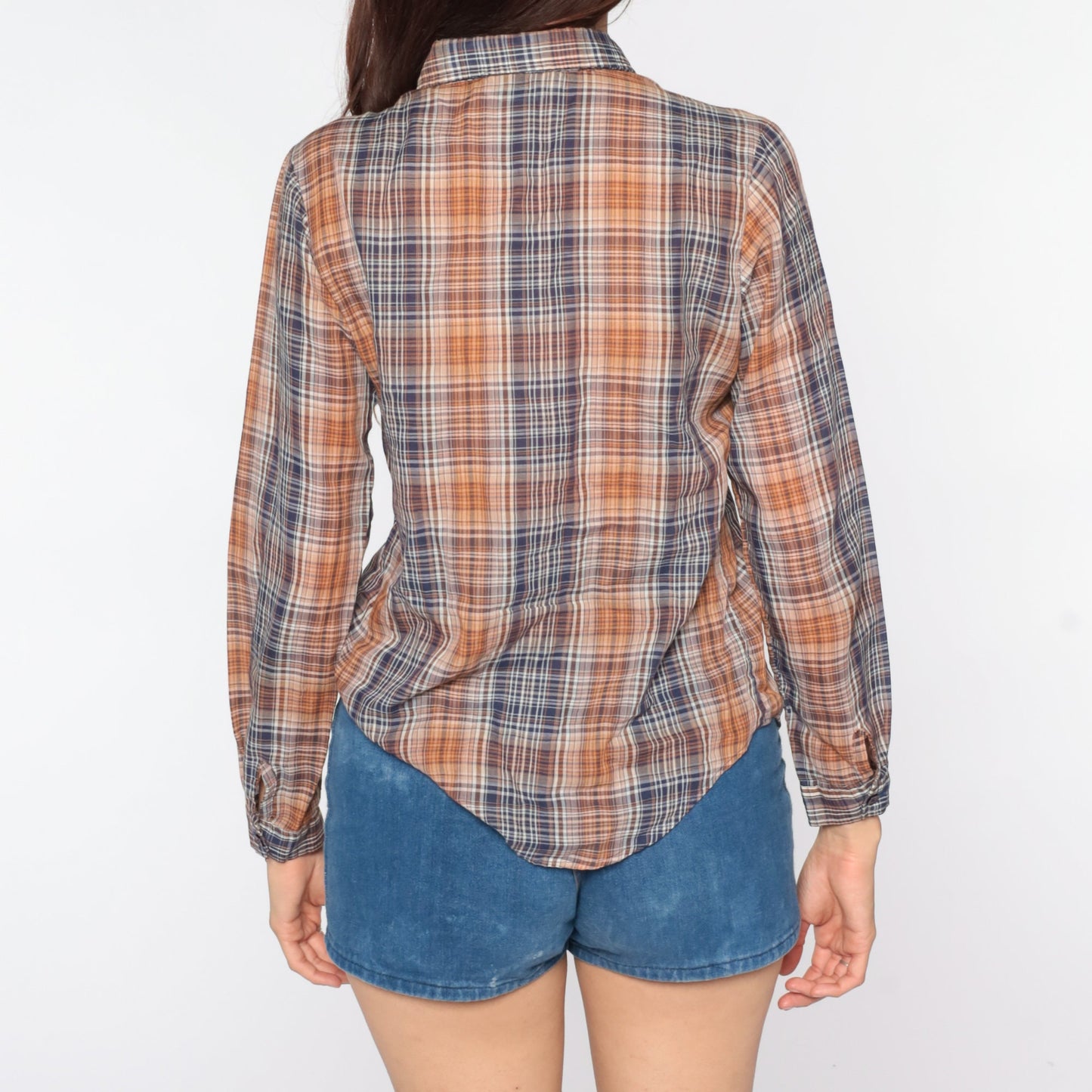 80s Plaid Button-Up Shirt Blue Brown Checkered Long Sleeve Small
