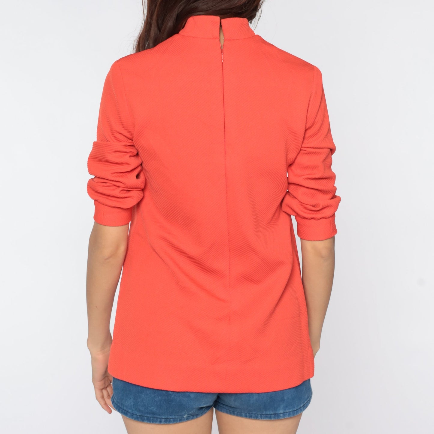 70s Mandarin Collar Shirt Orange Polyester Short Sleeve Blouse Extra Small XS