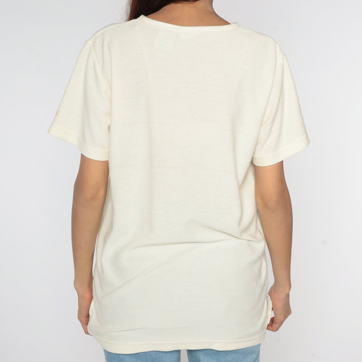 90s Floral Embroidered T-Shirt Natural Style Comfort Wear Graphic Tee Small S