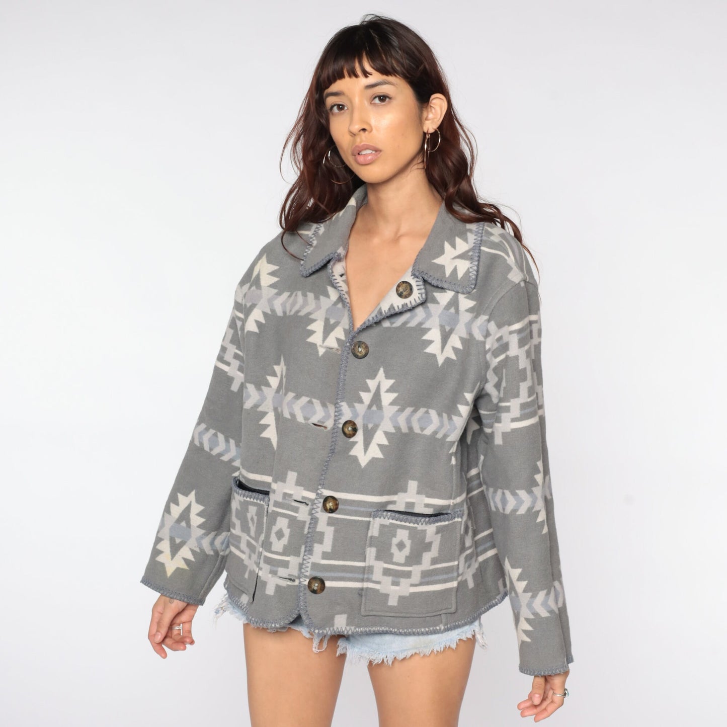 80s Woolrich Wool Southwestern Reversible Jacket Grey Large L