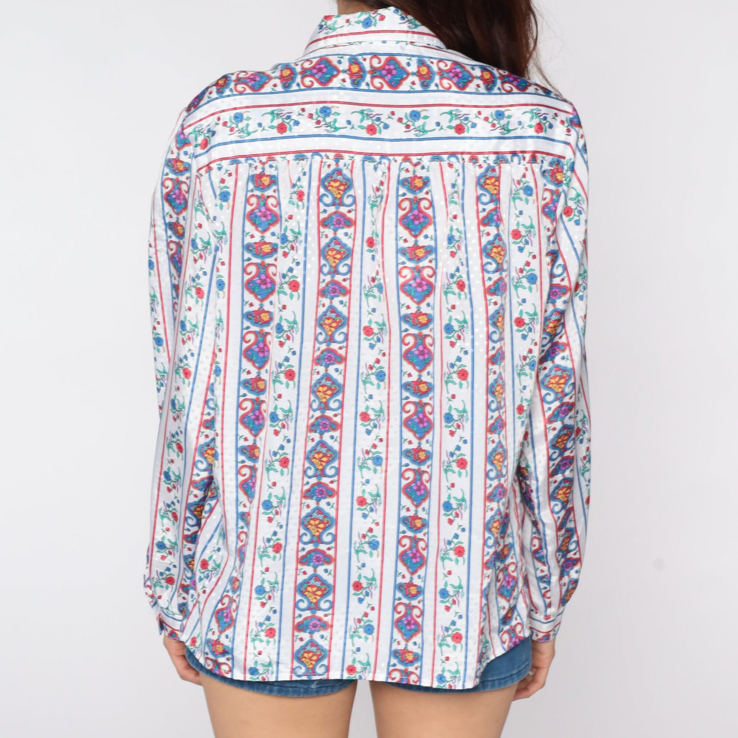 80s White Embossed Floral Button-Up Blouse Long Sleeve Extra Large XL
