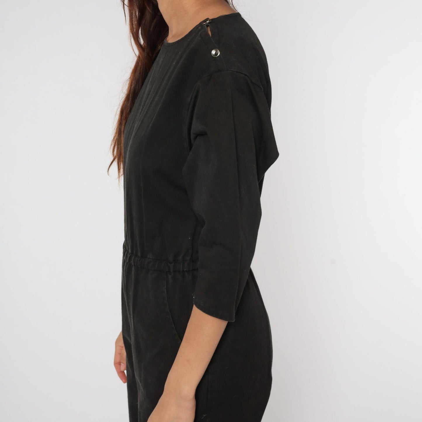 80s Black Jumpsuit High Waisted Tapered 3/4 Sleeve Playsuit Small Medium