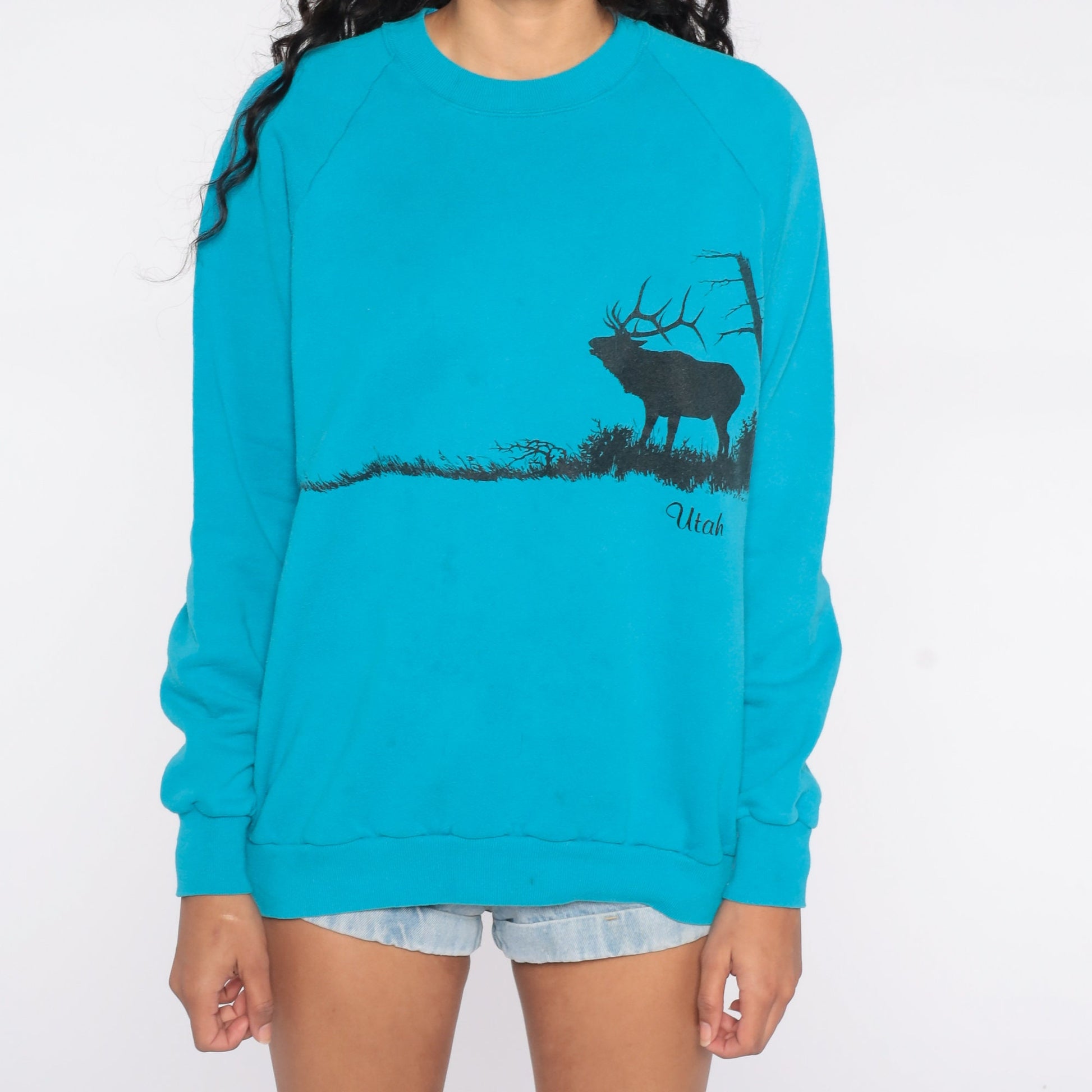 80s Utah Elk Graphic Raglan Sweatshirt Blue Jerzees Medium Large