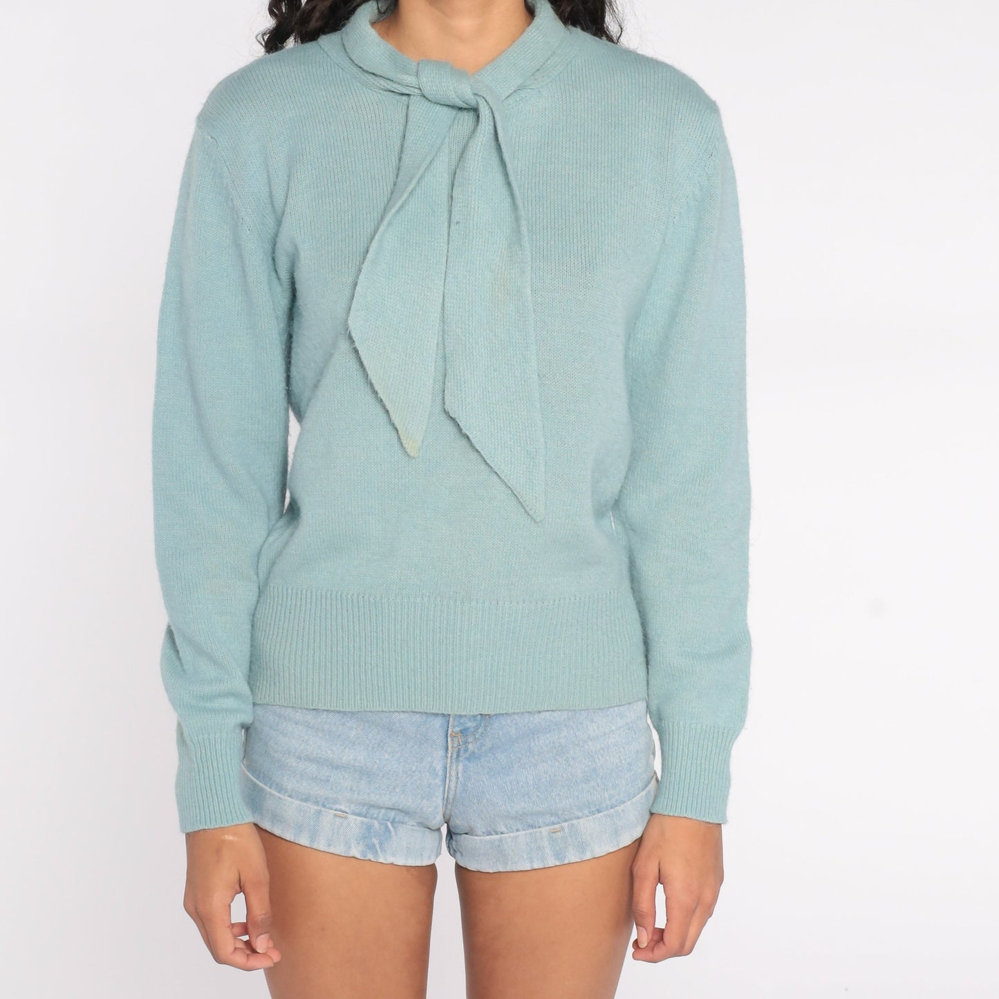 80s Seafoam Blue Ascot Sweater Knit Pullover Large L