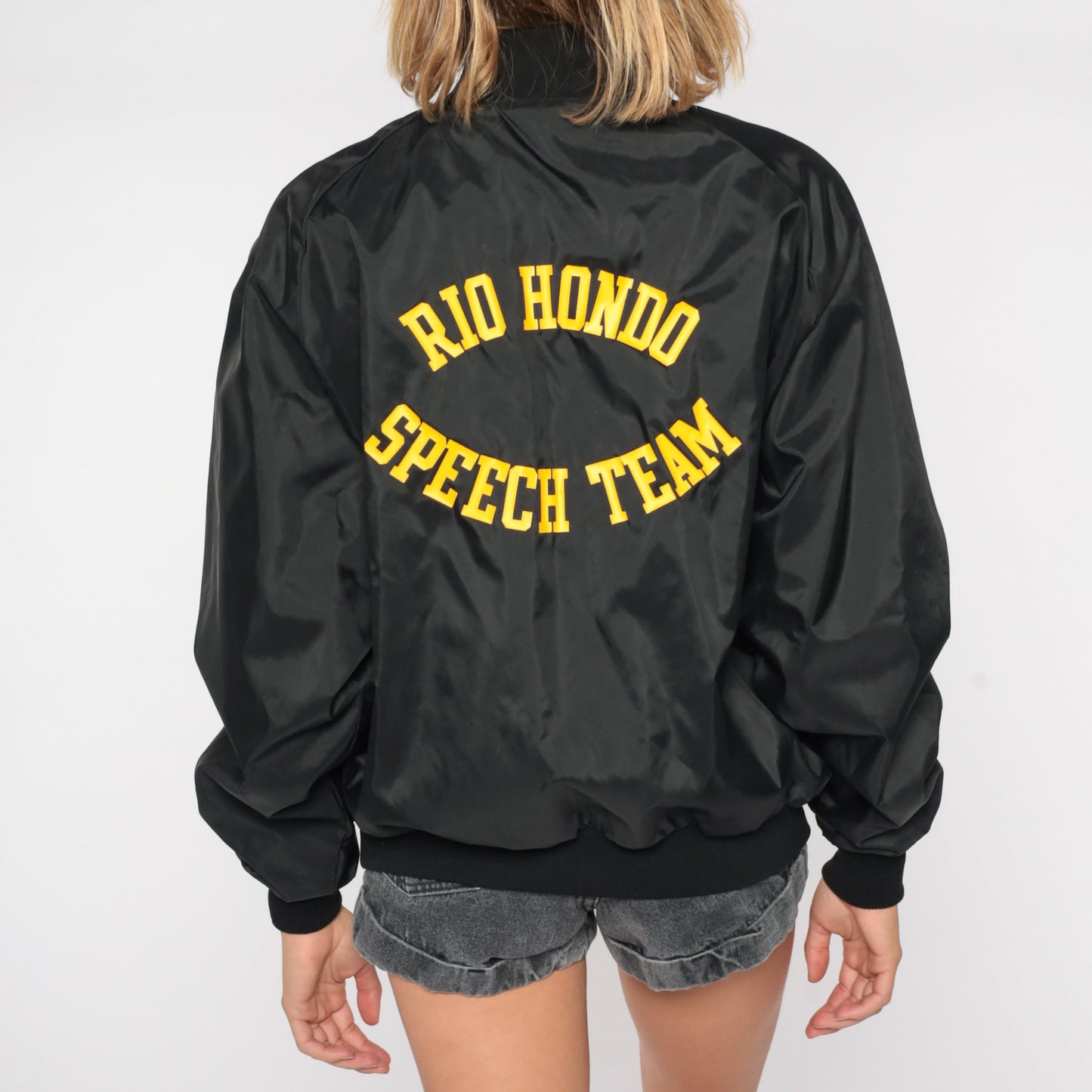 80s Rio Hondo College Speech Team Bomber Jacket Black Nylon Extra Large XL