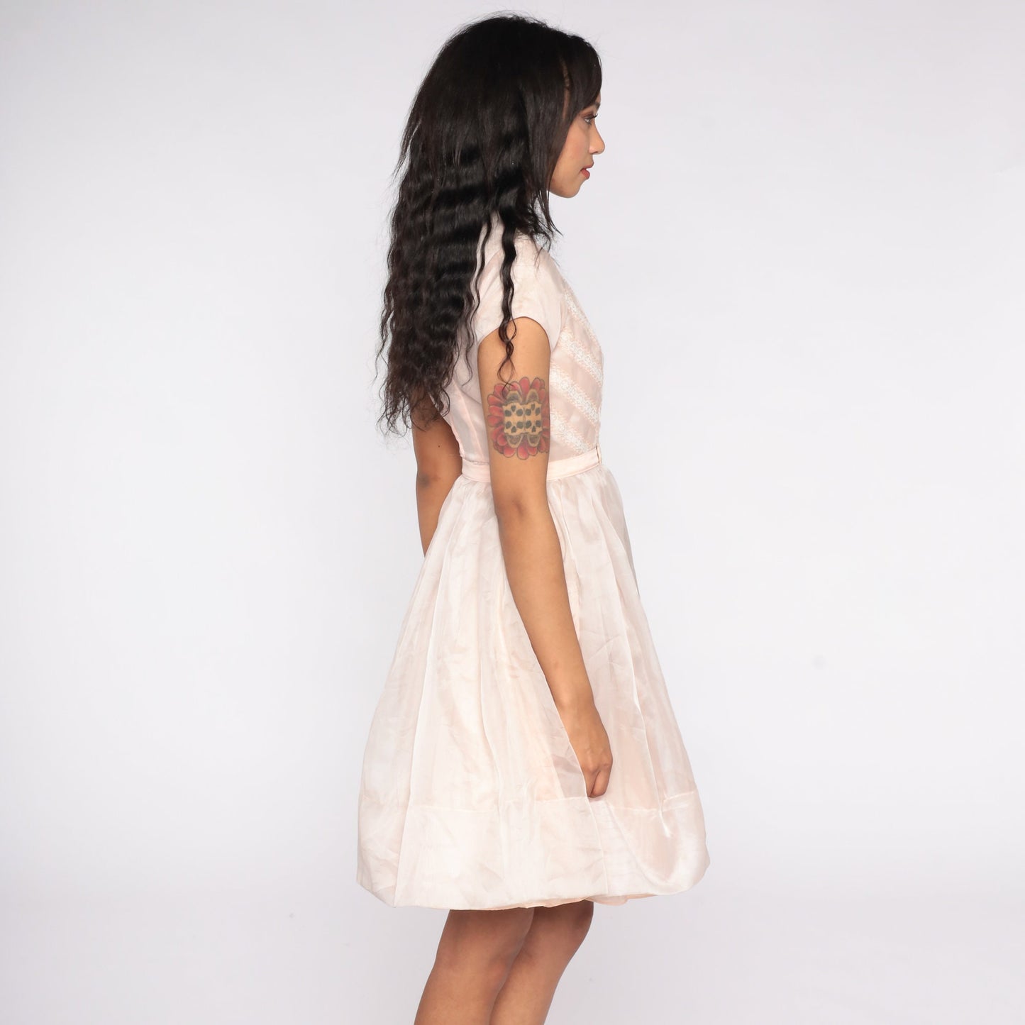 60s Baby Pink Party Dress Peter Pan Collar Full Skirt High Waisted Extra Small