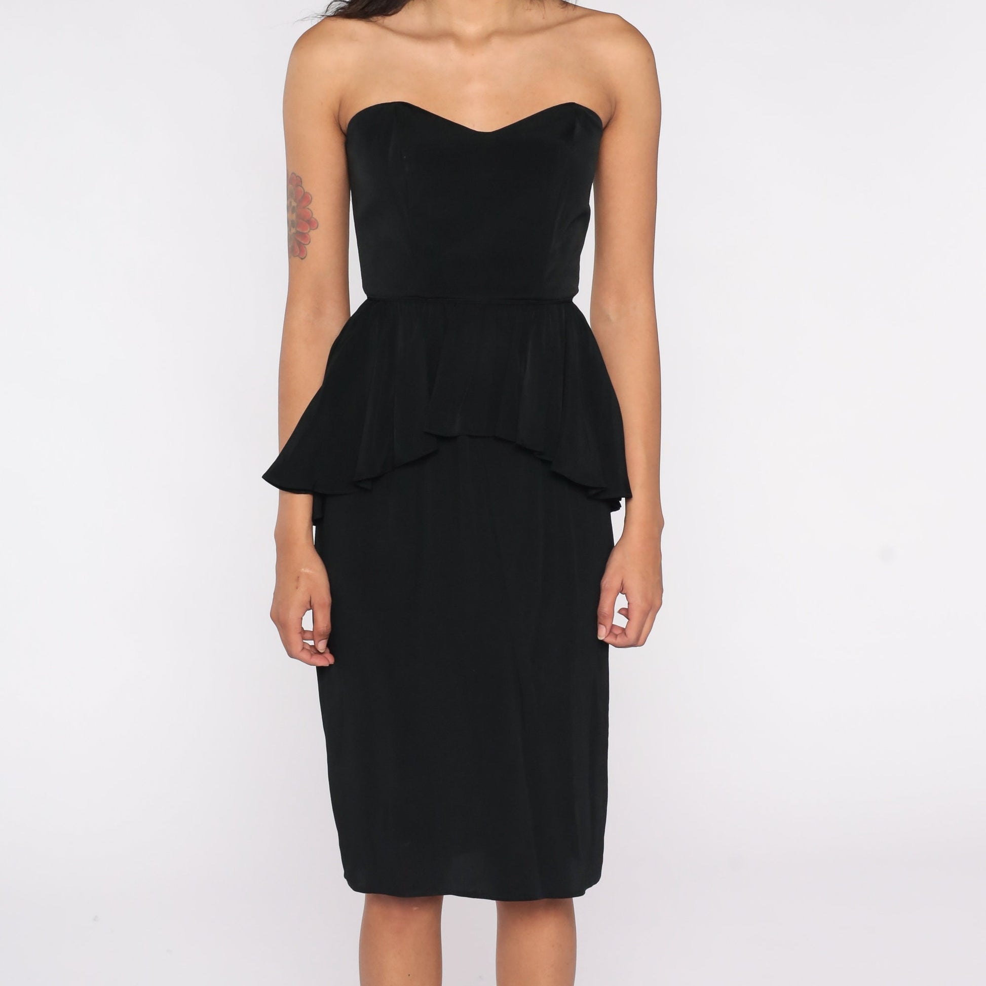 80s Black Strapless Midi Dress Sweetheart Neckline Peplum Extra Small