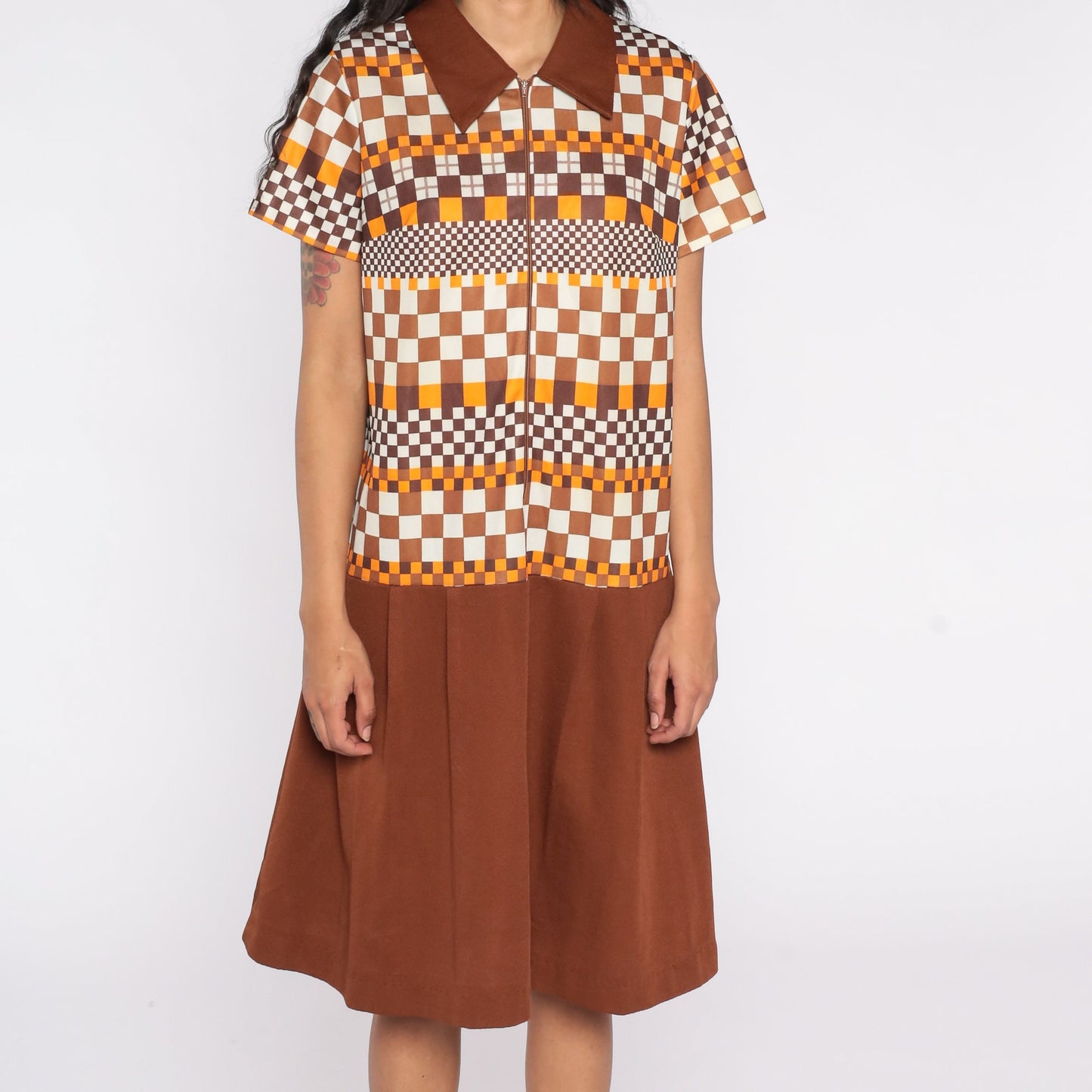 60s Mod Checkered Brown Drop Waist Minidress Short Sleeve Extra Large XL